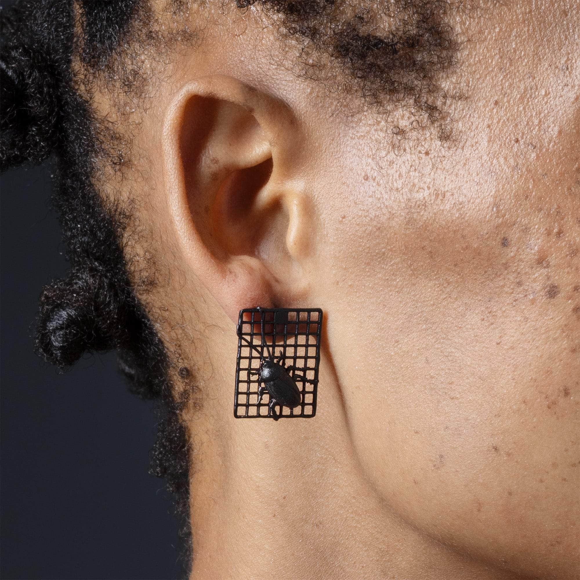 Goki 925 Sterling Silver Earrings with Black Anthracite Plating and Tiny Cockroaches