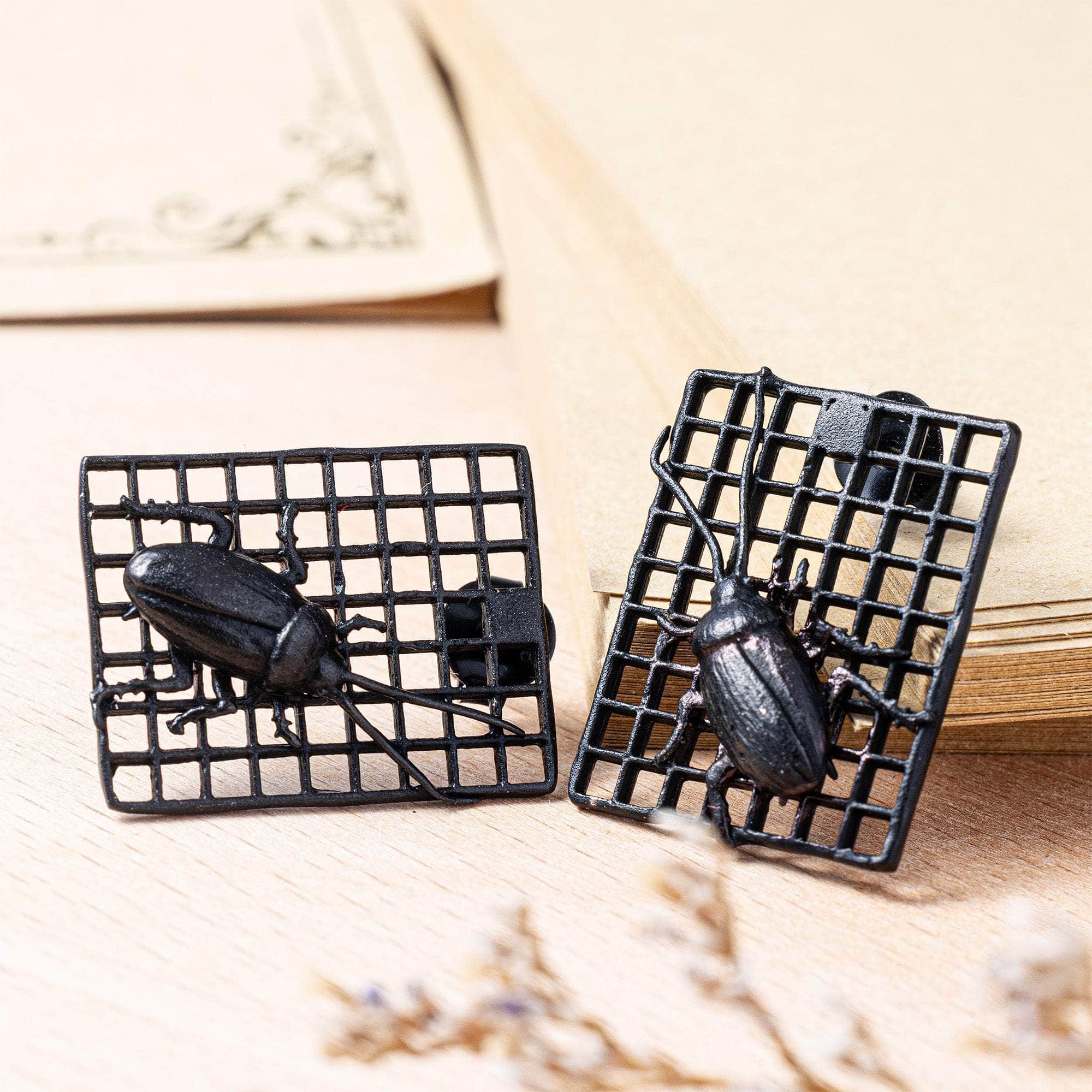Goki 925 Sterling Silver Earrings with Black Anthracite Plating and Tiny Cockroaches