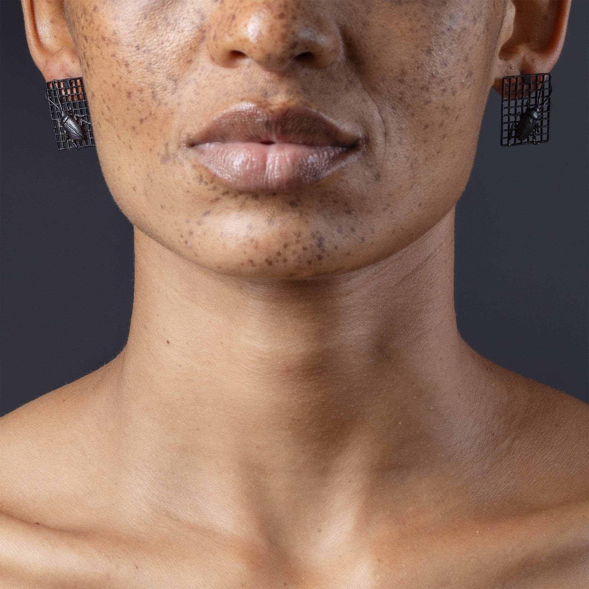 Goki 925 Sterling Silver Earrings with Black Anthracite Plating and Tiny Cockroaches