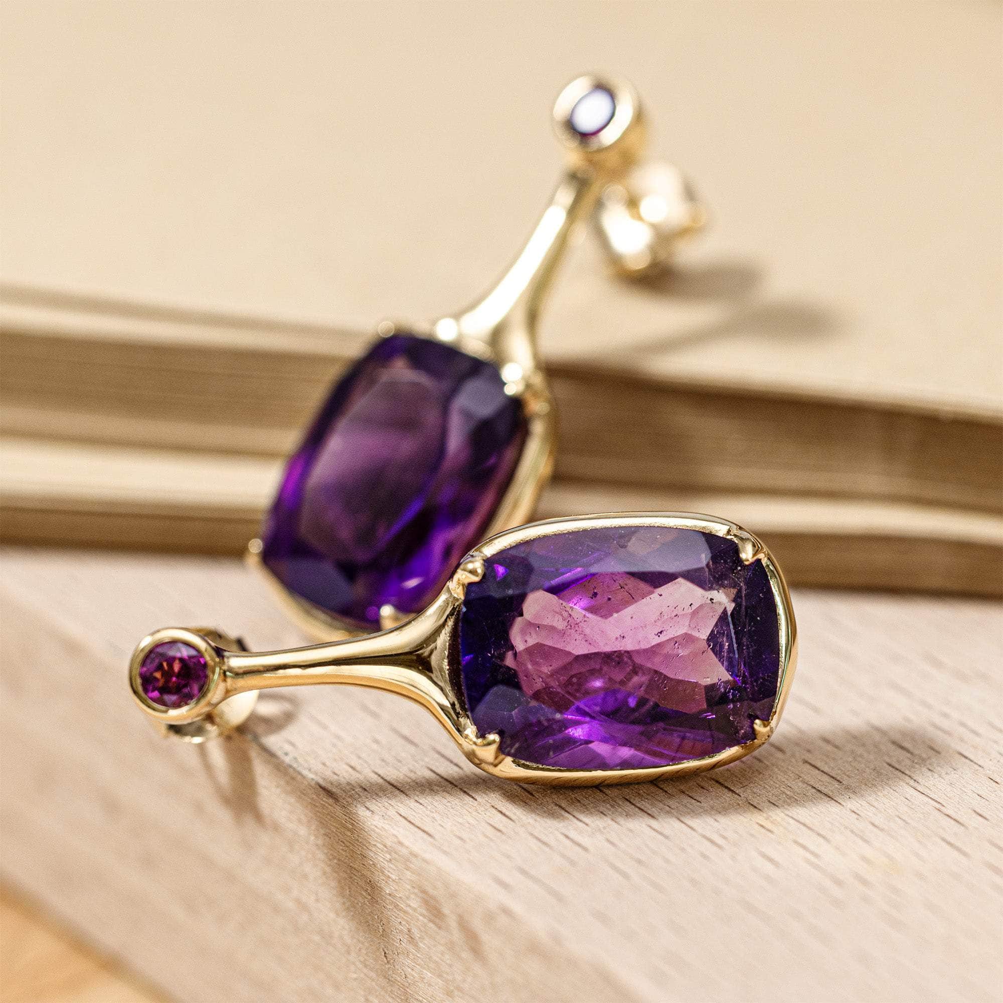 Sitra Designer Earrings with Amethyst and Rhodolite Garnet in 14K Gold Plated Silver