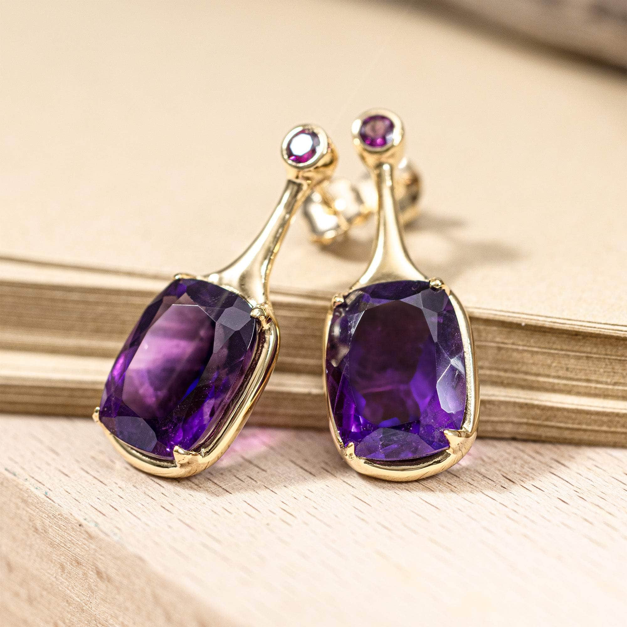 Sitra Designer Earrings with Amethyst and Rhodolite Garnet in 14K Gold Plated Silver