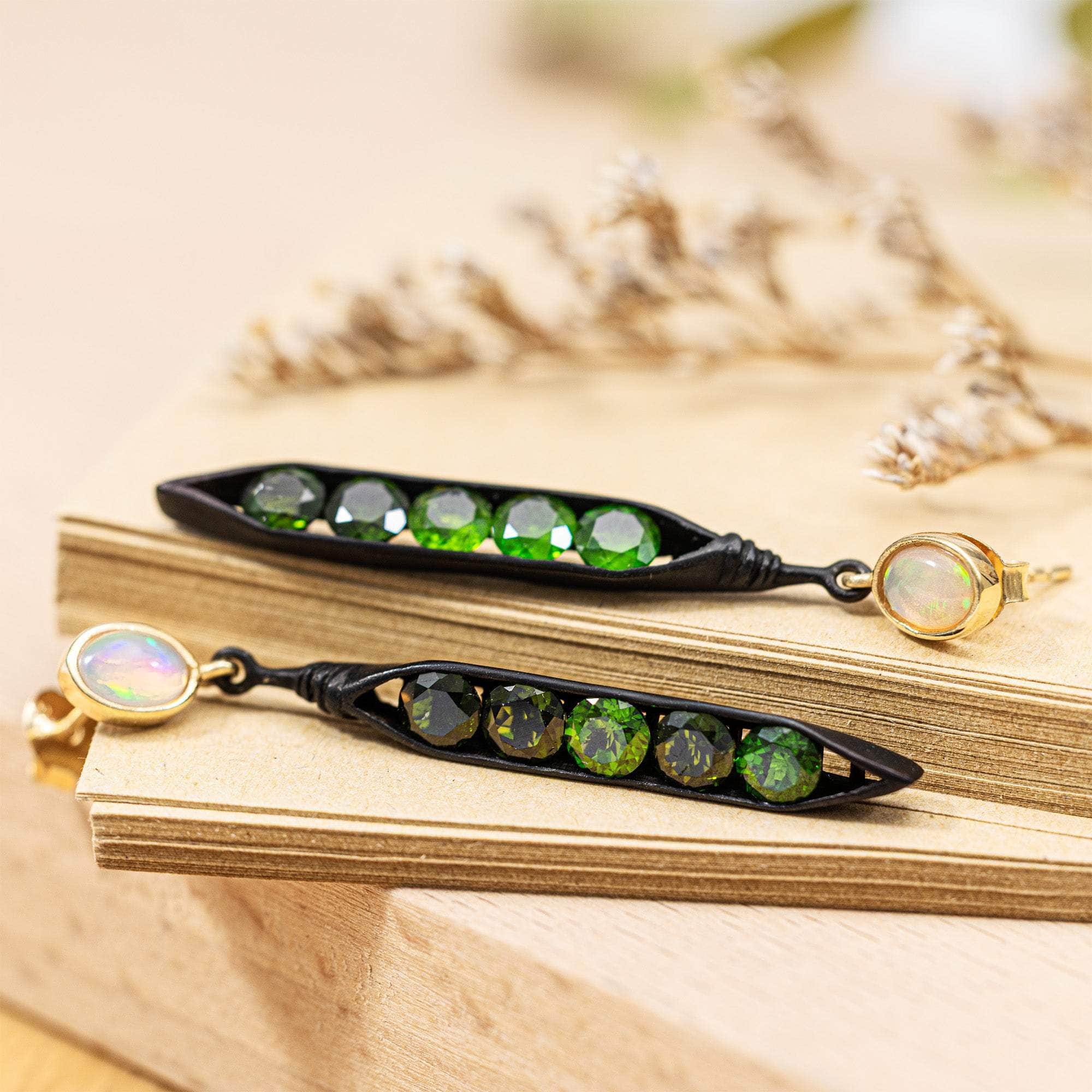 Elandra Sterling Silver Earrings with Opal and Chrome Diopside in Mixed Metal Finish for Organic Style