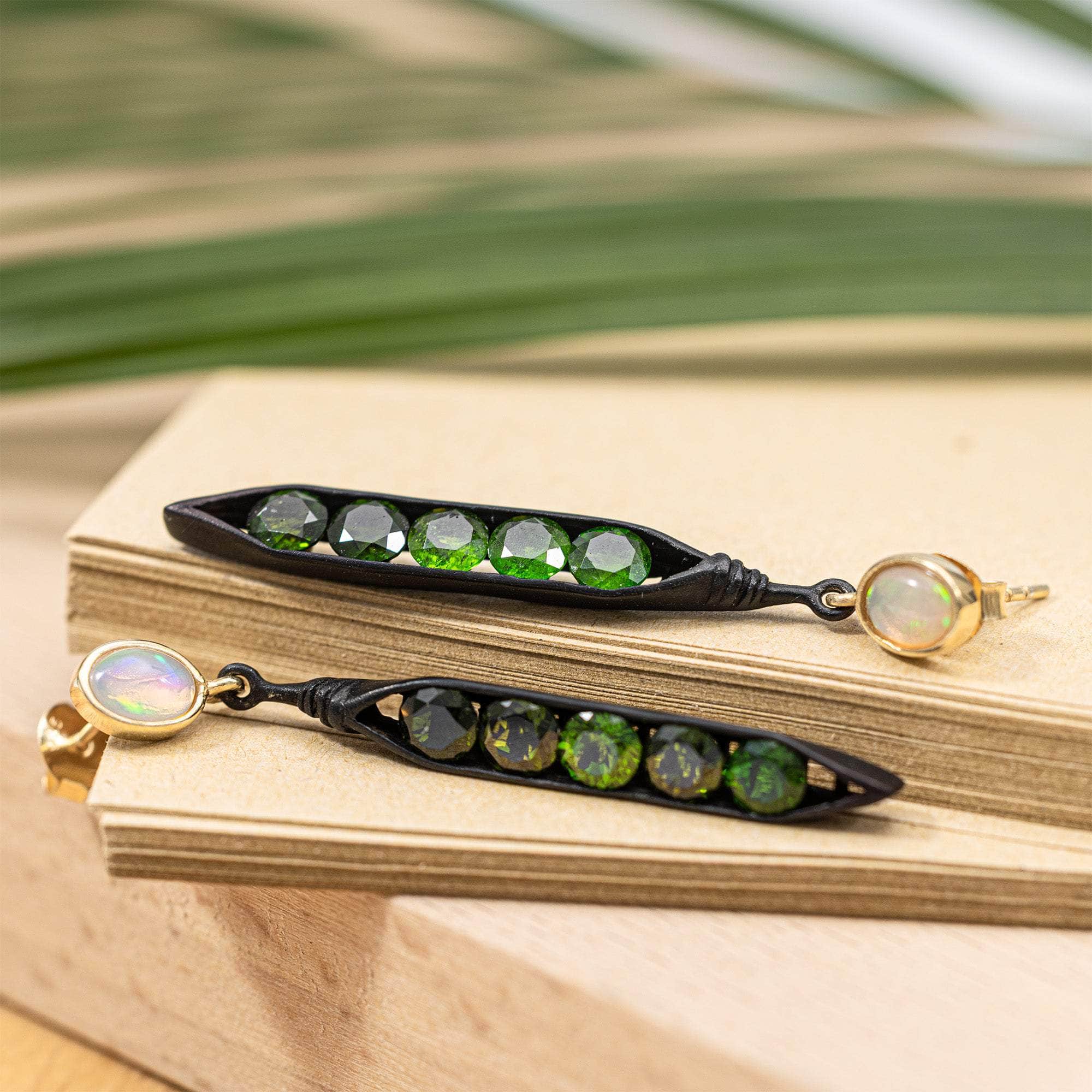 Elandra Sterling Silver Earrings with Opal and Chrome Diopside in Mixed Metal Finish for Organic Style