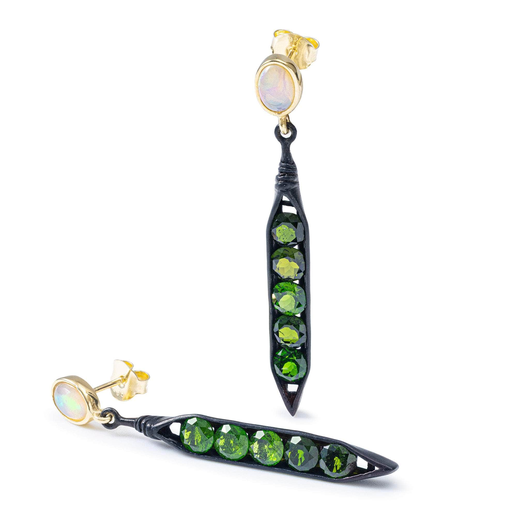 Elandra Sterling Silver Earrings with Opal and Chrome Diopside in Mixed Metal Finish for Organic Style