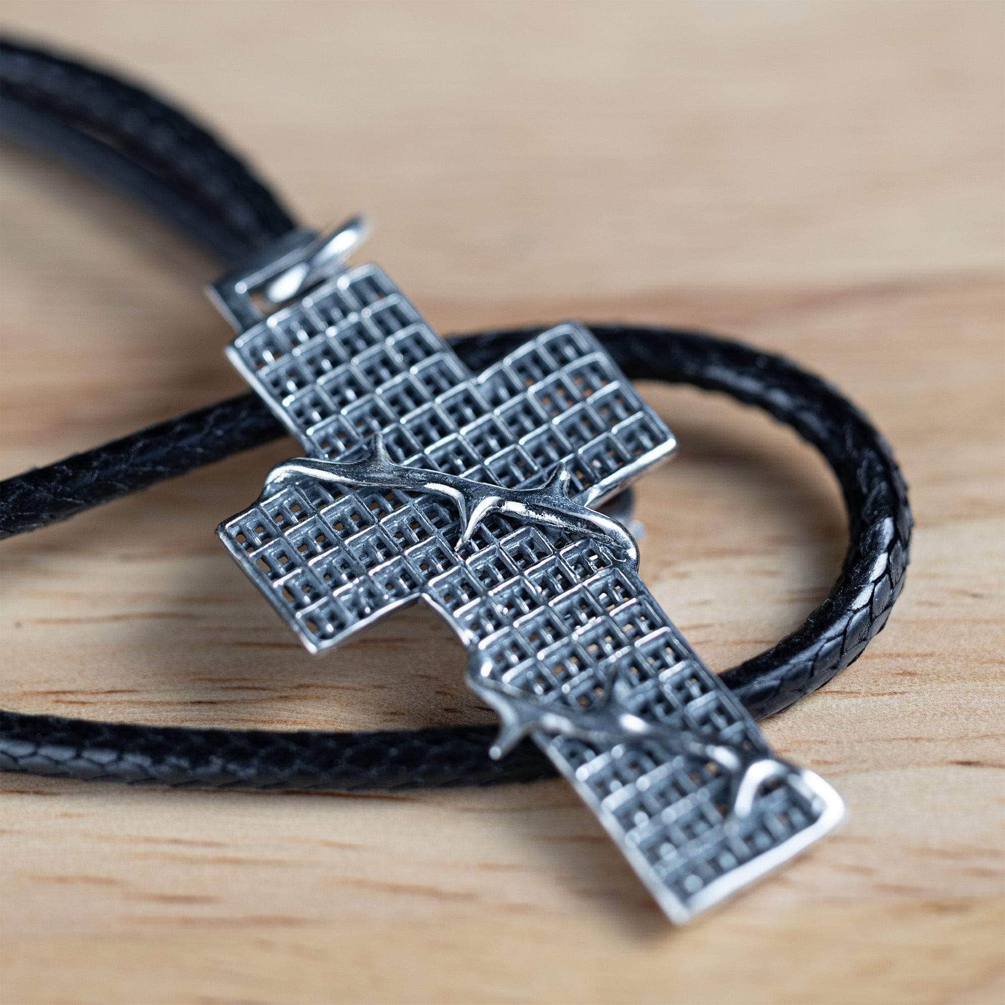 Haven Oxidized Silver Cross Pendant with Thorned Vines & Grid Texture