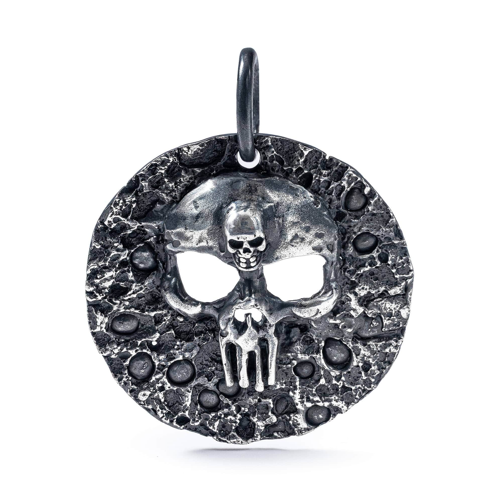 Morbidus Gritty Sterling Silver Round Pendant with Skull Emblem