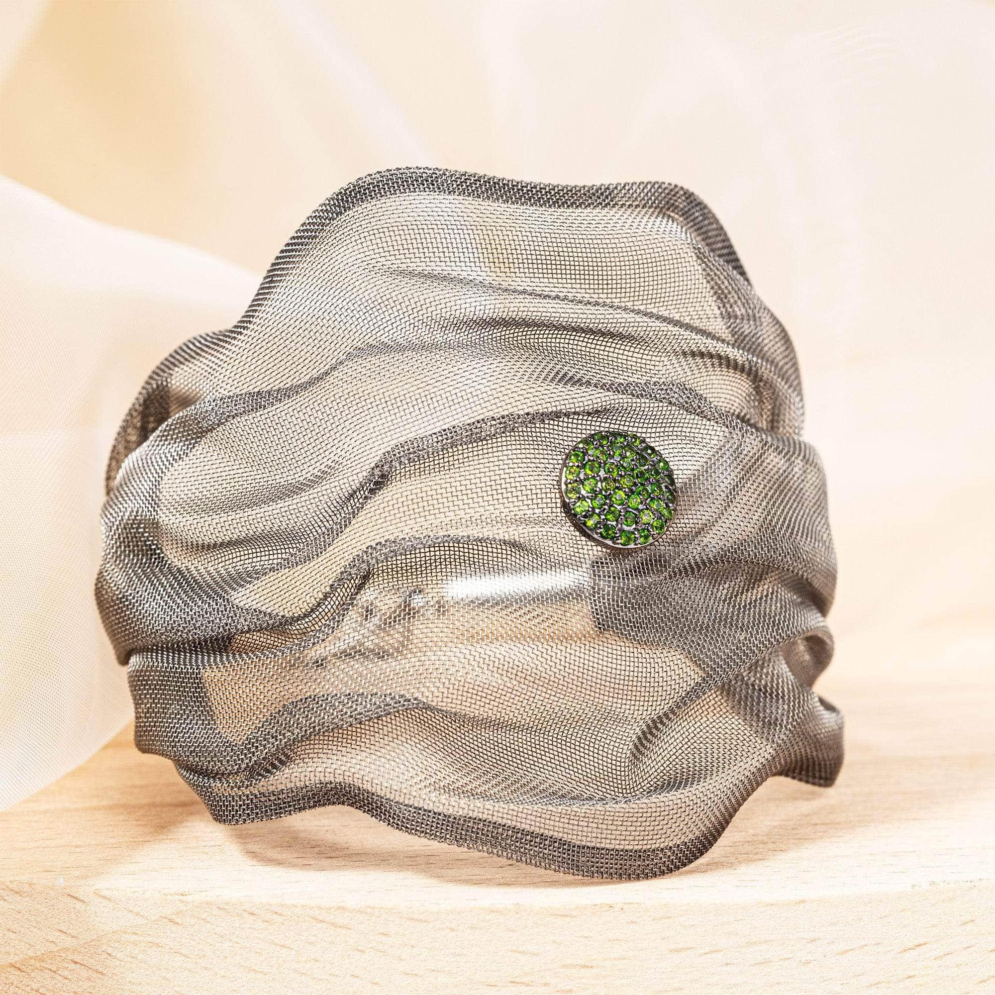 Meshura Titanium Mesh and 925 Silver Soft Bracelet with Green Tsavorite