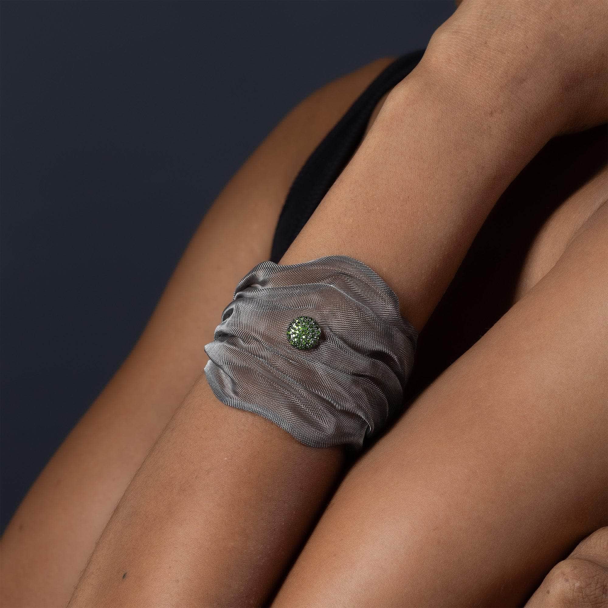 Meshura Titanium Mesh and 925 Silver Soft Bracelet with Green Tsavorite