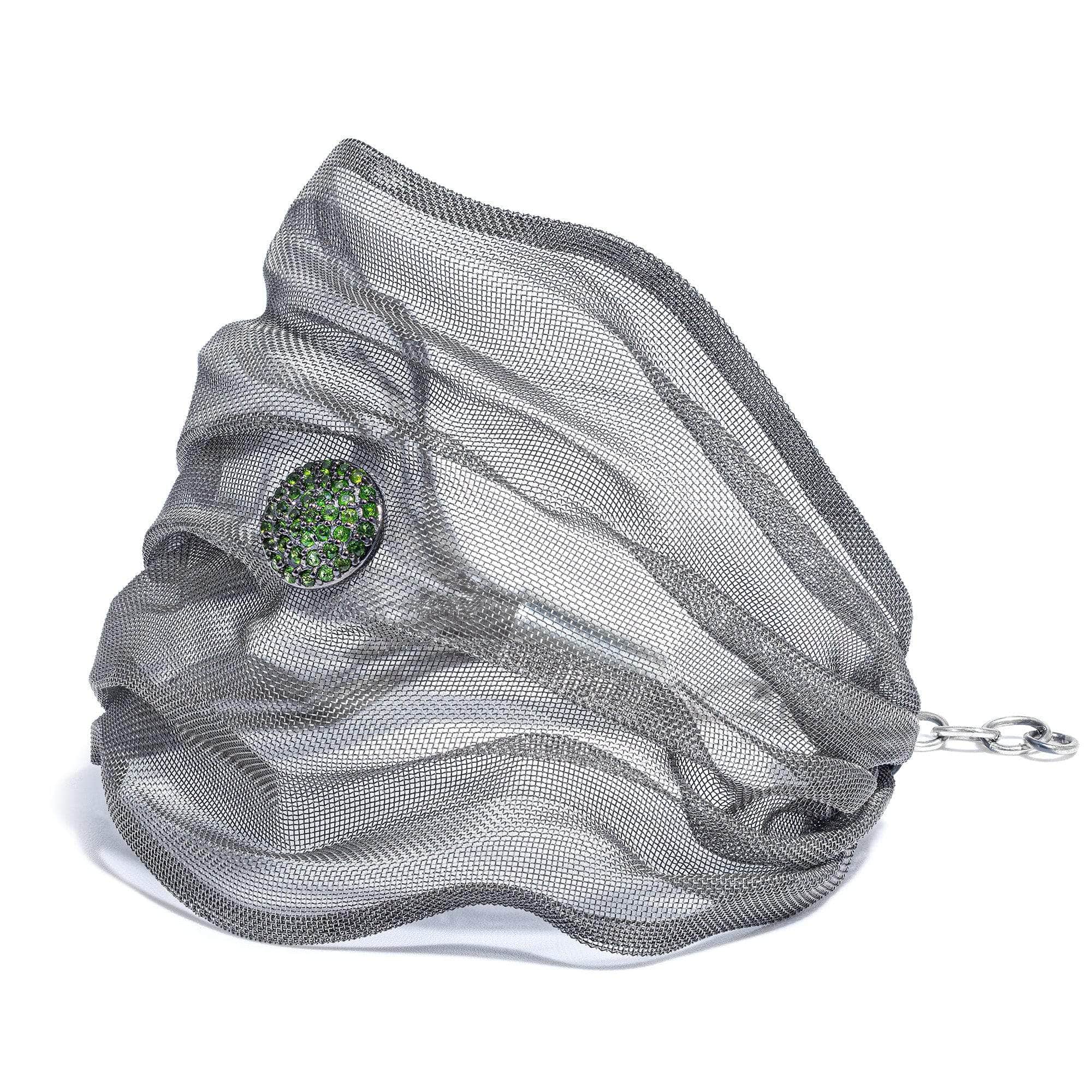 Meshura Titanium Mesh and 925 Silver Soft Bracelet with Green Tsavorite