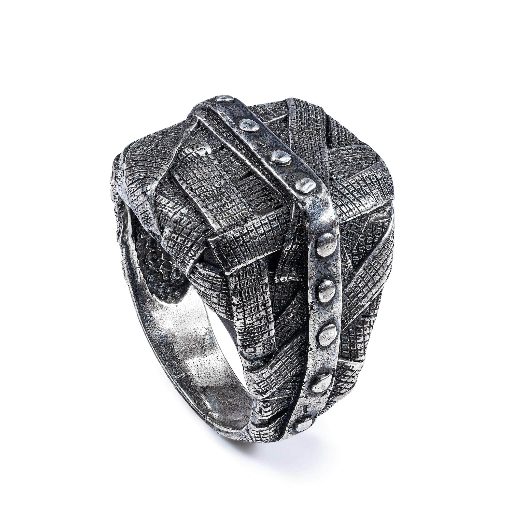 Gridlock Oxidized Silver Ring with Layered Wrapped Metal Look