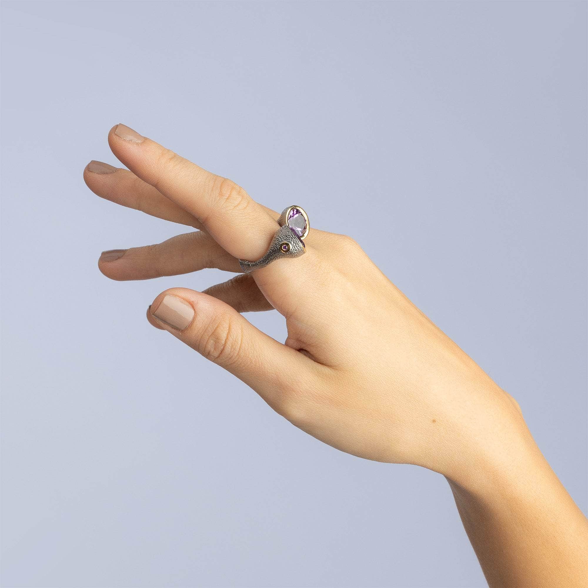 Haoma Open Sterling Silver Ring with Natural Round-cut Amethyst in 18K Gold and Black Rhodium