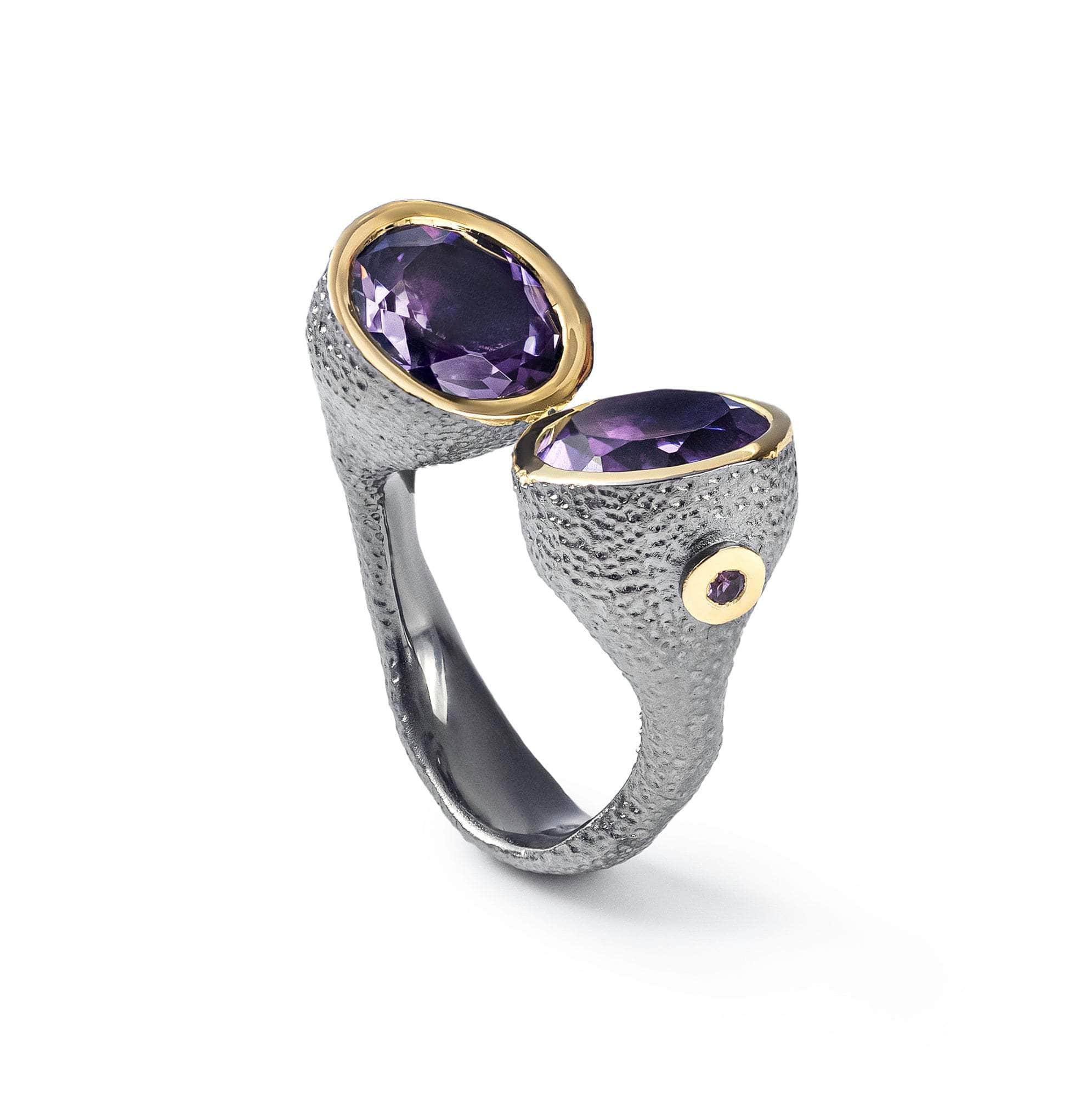 Haoma Open Sterling Silver Ring with Natural Round-cut Amethyst in 18K Gold and Black Rhodium