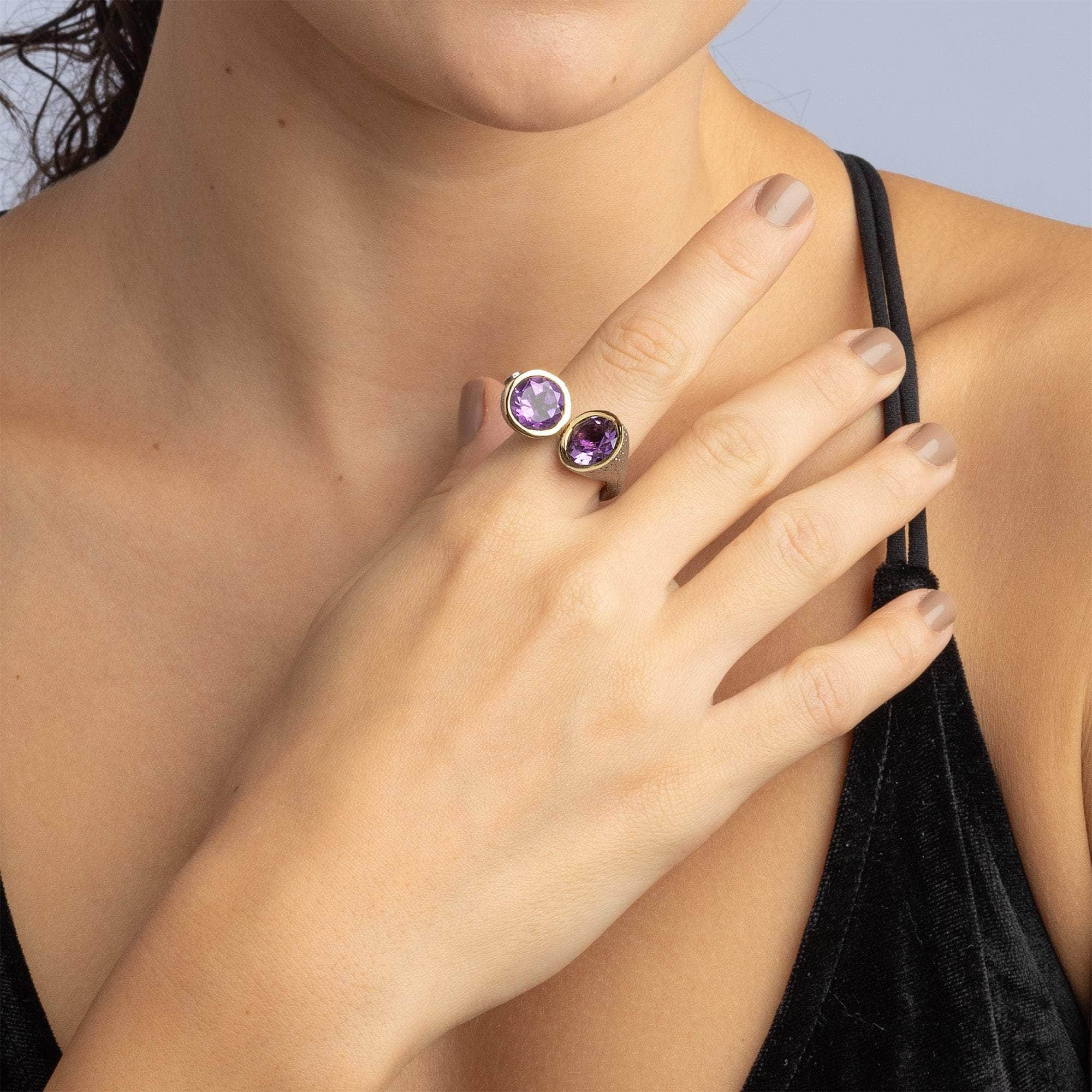 Haoma Open Sterling Silver Ring with Natural Round-cut Amethyst in 18K Gold and Black Rhodium