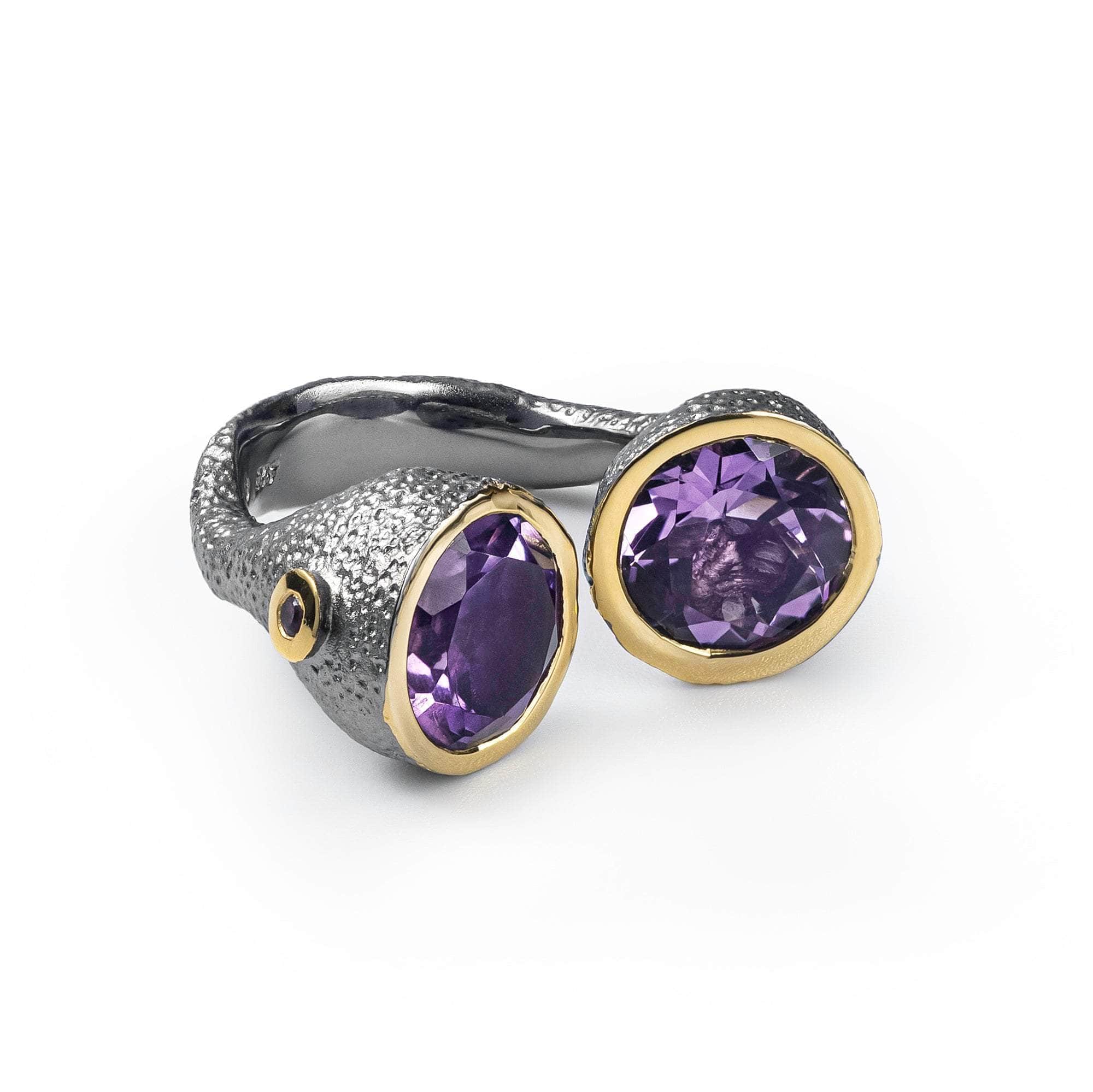 Haoma Open Sterling Silver Ring with Natural Round-cut Amethyst in 18K Gold and Black Rhodium