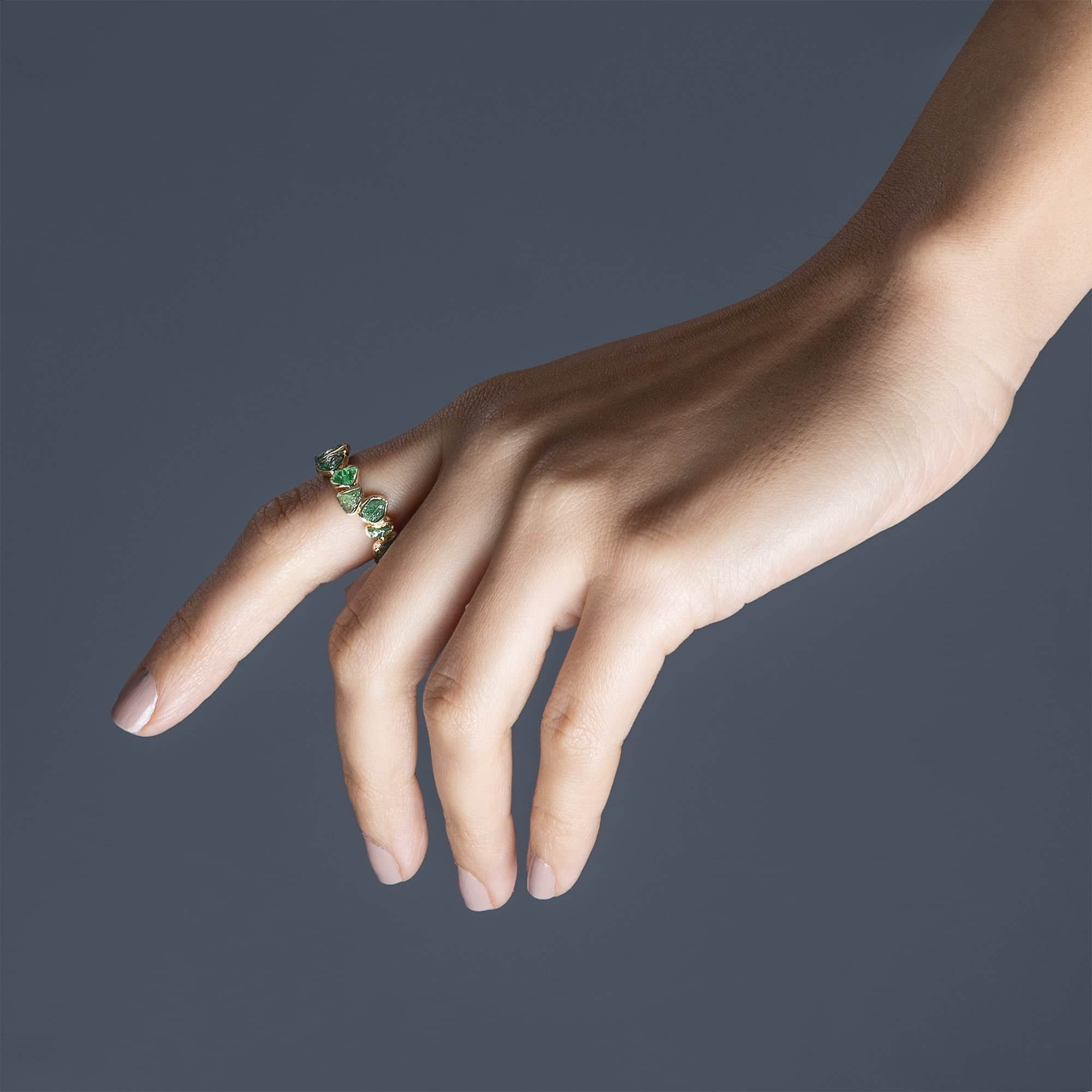 Harita Minimalist Stackable Ring with Raw Green Tsavorite in Sterling Silver with 14K Gold Plating