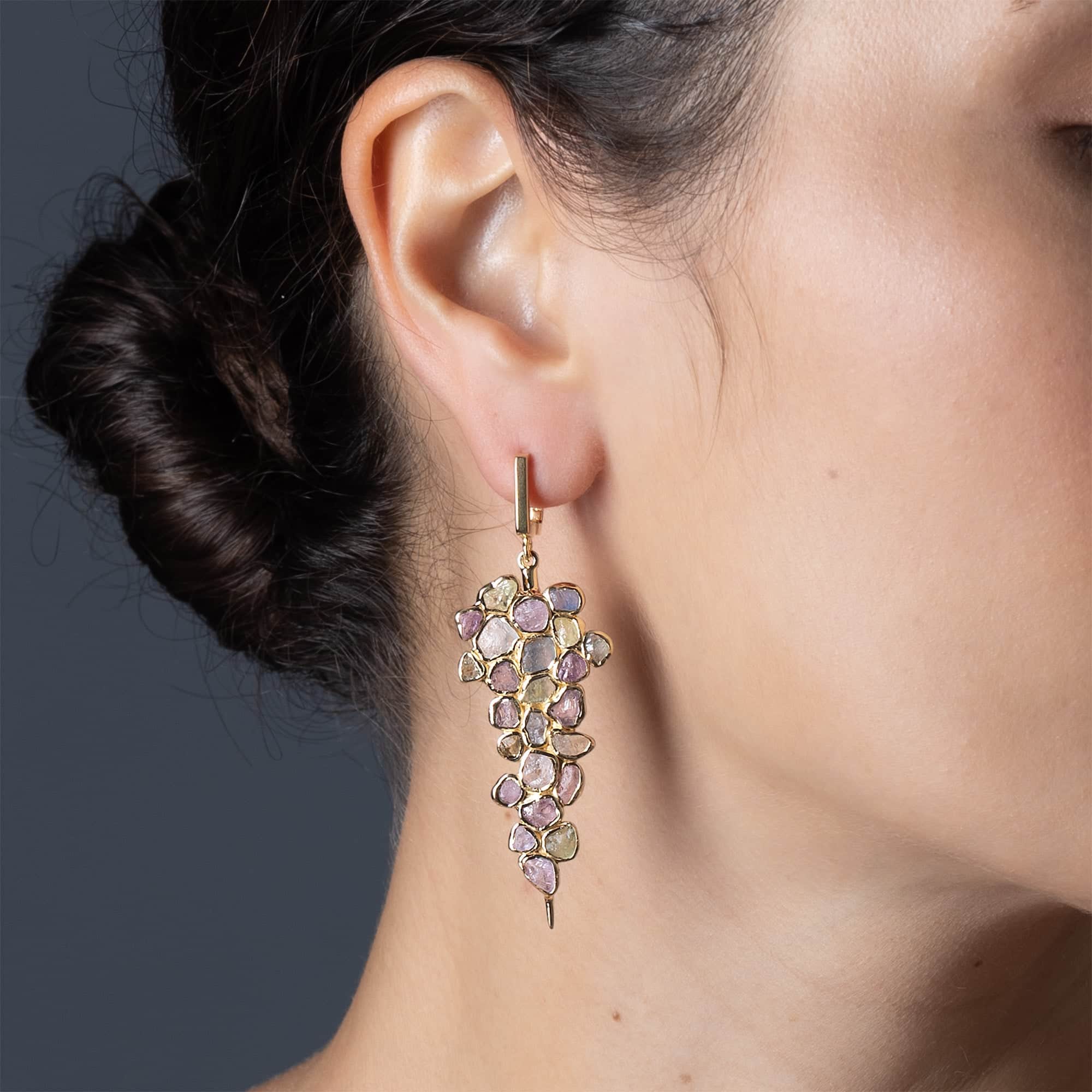 Tarina Handcrafted Earrings with Raw Fancy Sapphire & White Zircon in 14K Gold Plated Silver