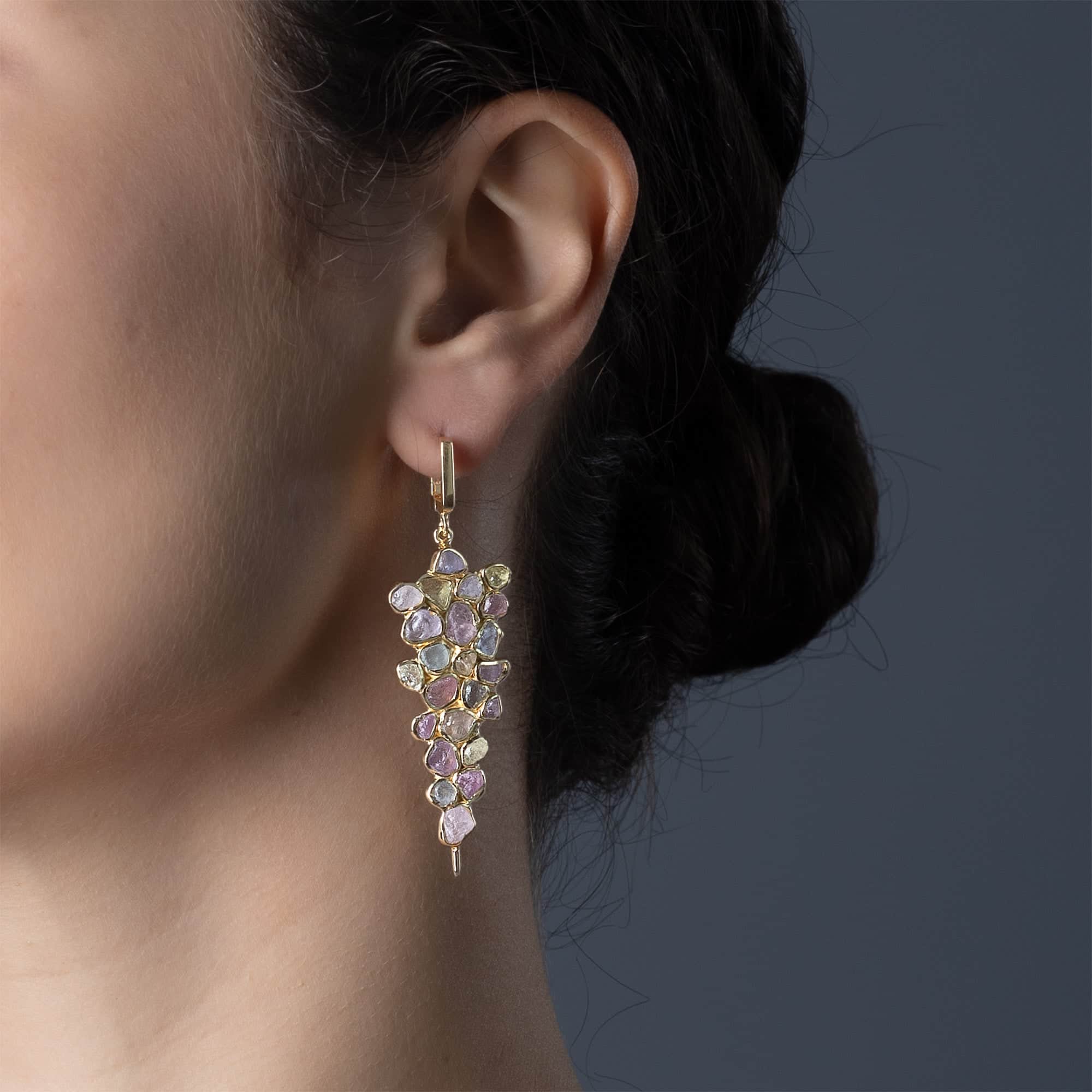 Tarina Handcrafted Earrings with Raw Fancy Sapphire & White Zircon in 14K Gold Plated Silver