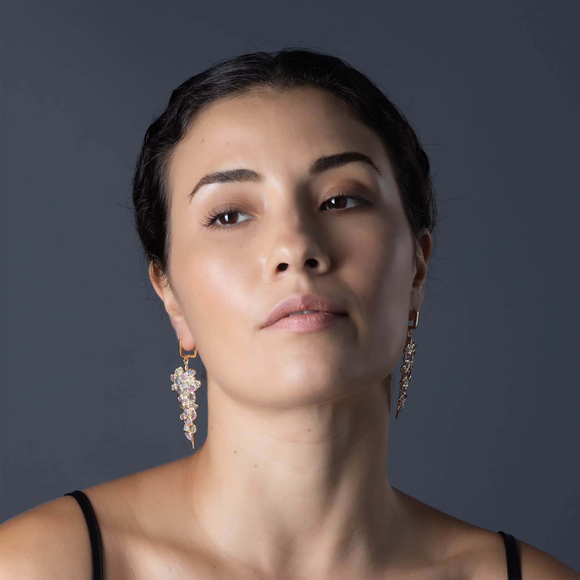 Tarina Handcrafted Earrings with Raw Fancy Sapphire & White Zircon in 14K Gold Plated Silver