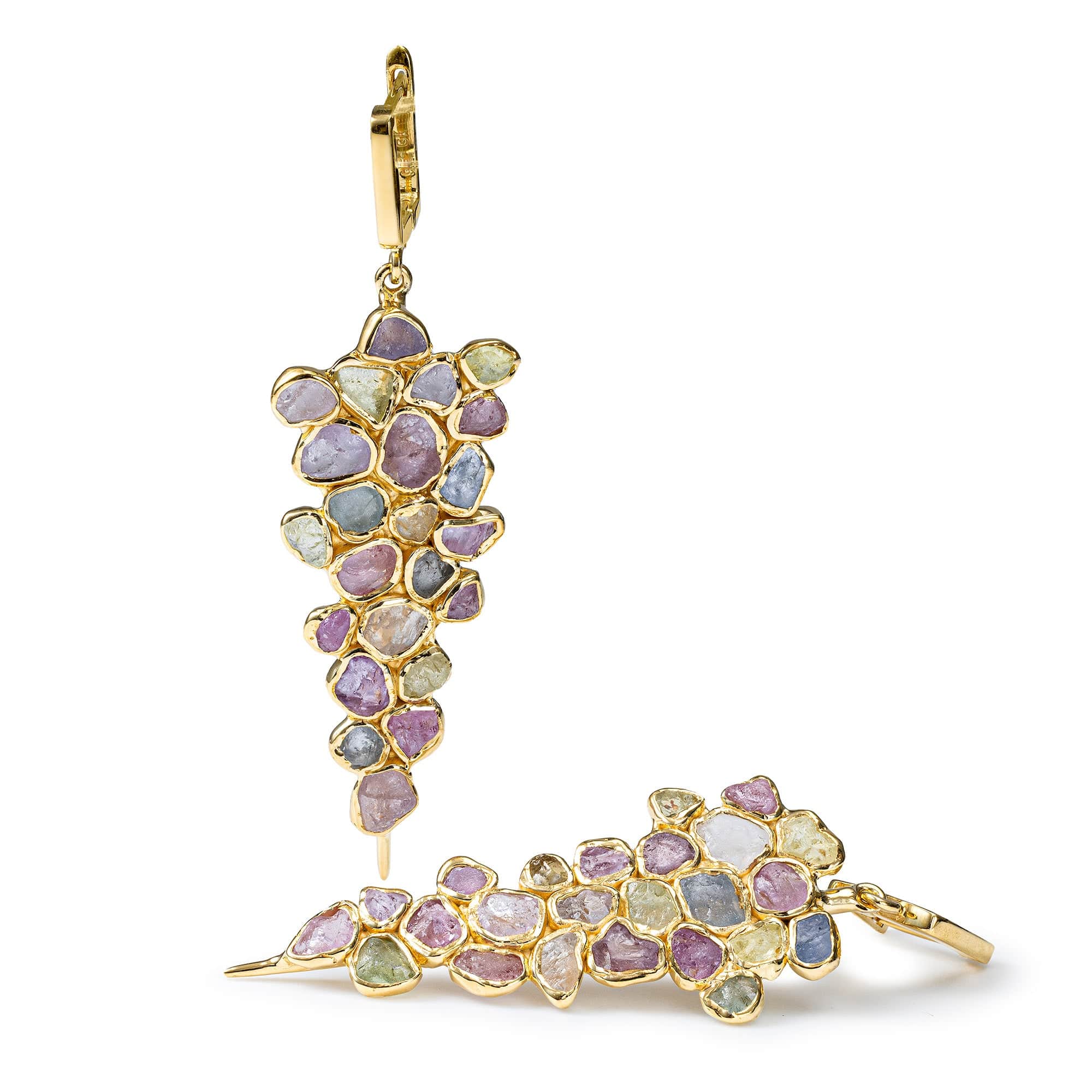 Tarina Handcrafted Earrings with Raw Fancy Sapphire & White Zircon in 14K Gold Plated Silver