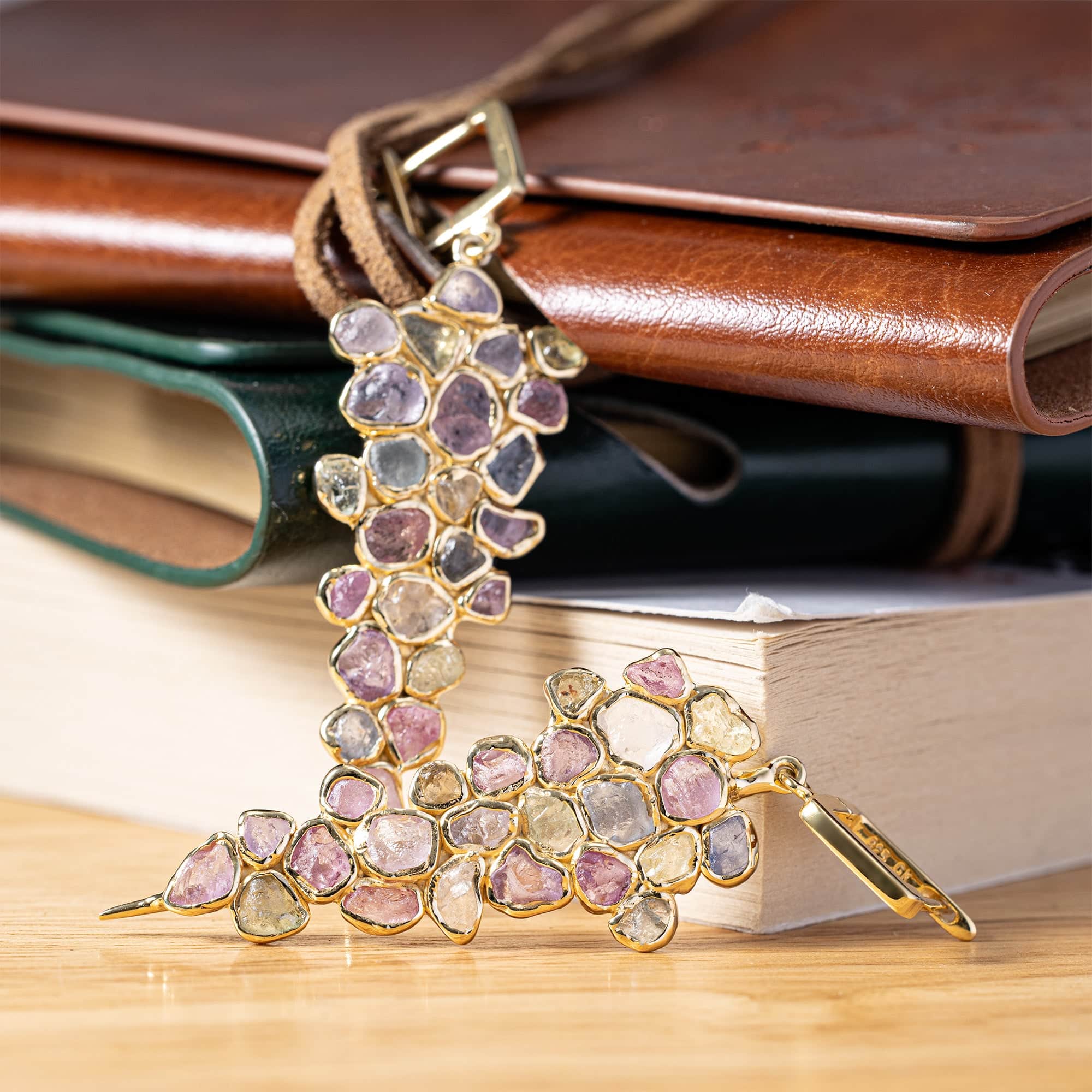 Tarina Handcrafted Earrings with Raw Fancy Sapphire & White Zircon in 14K Gold Plated Silver