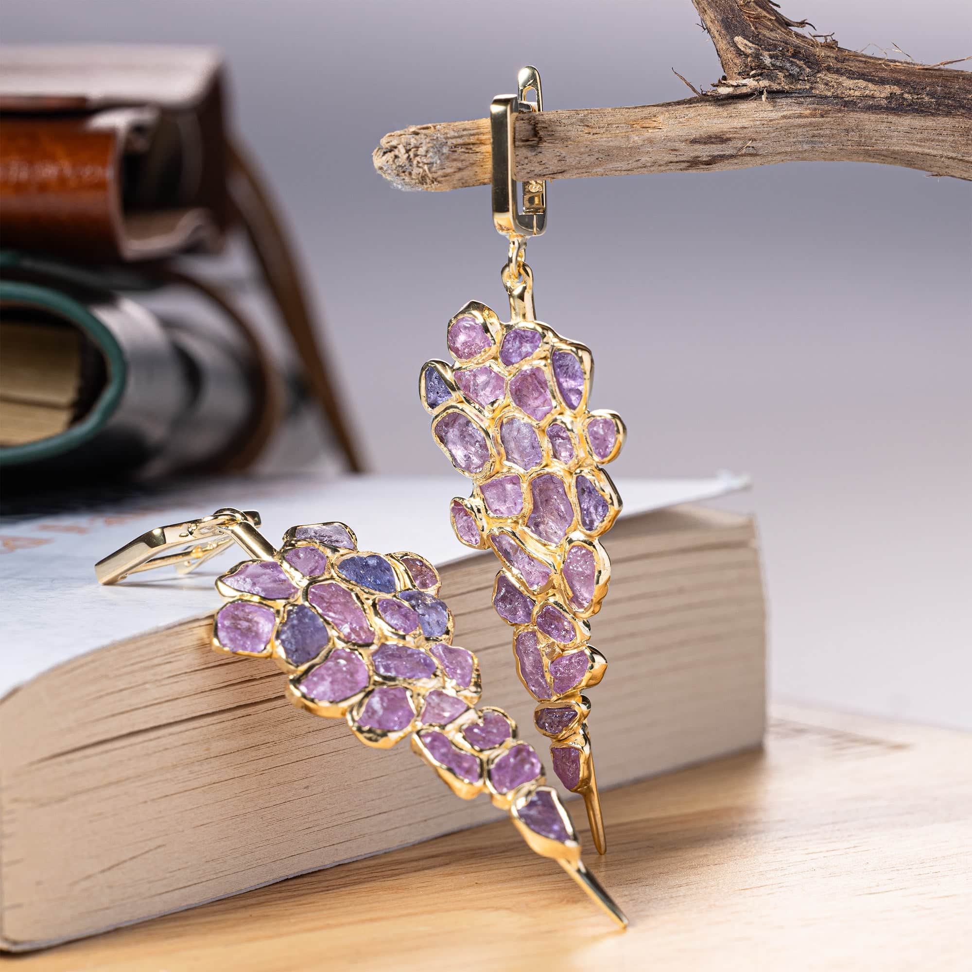 Tarina Handcrafted Earrings with Raw Pink Sapphire in 14K Gold Plated Sterling Silver