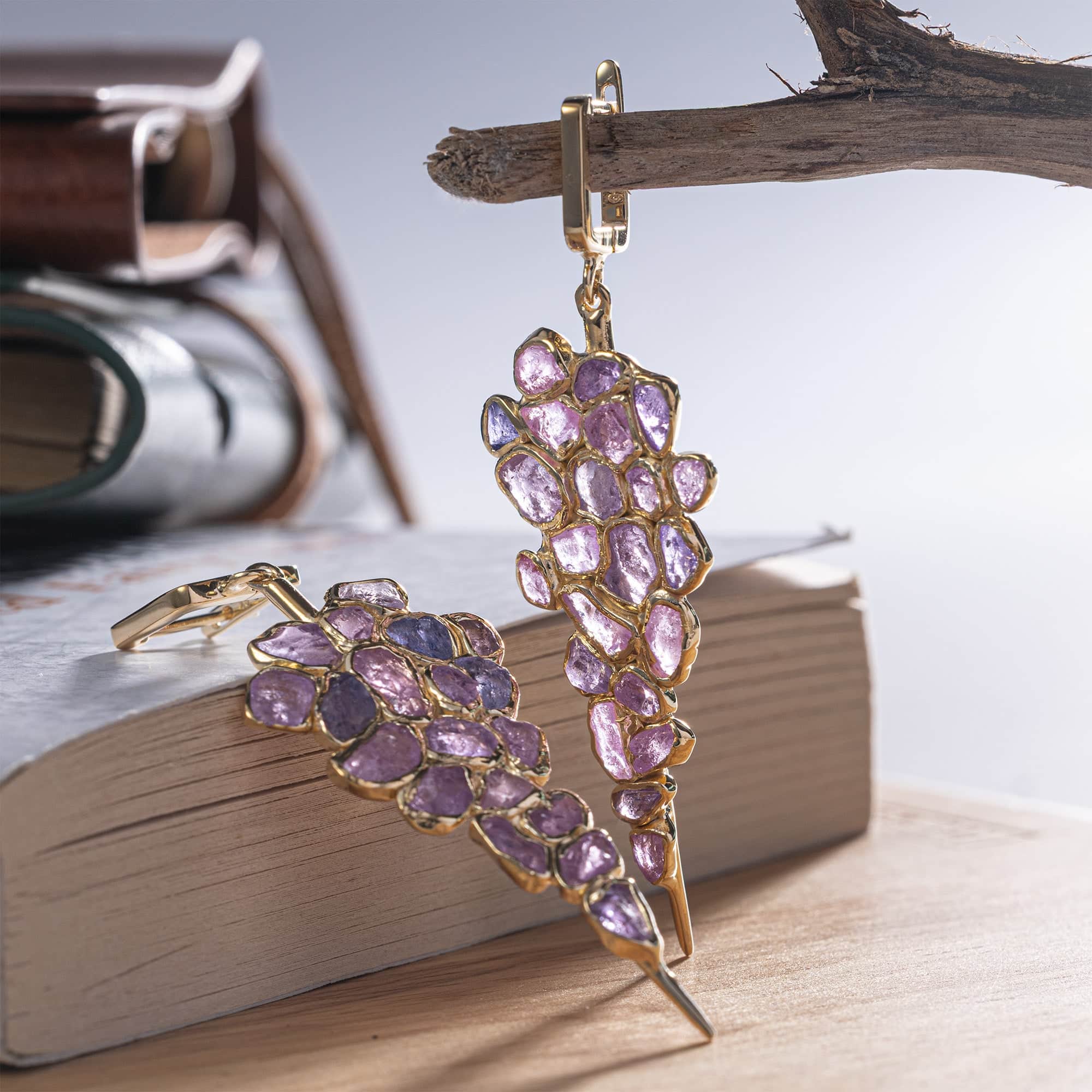 Tarina Handcrafted Earrings with Raw Pink Sapphire in 14K Gold Plated Sterling Silver