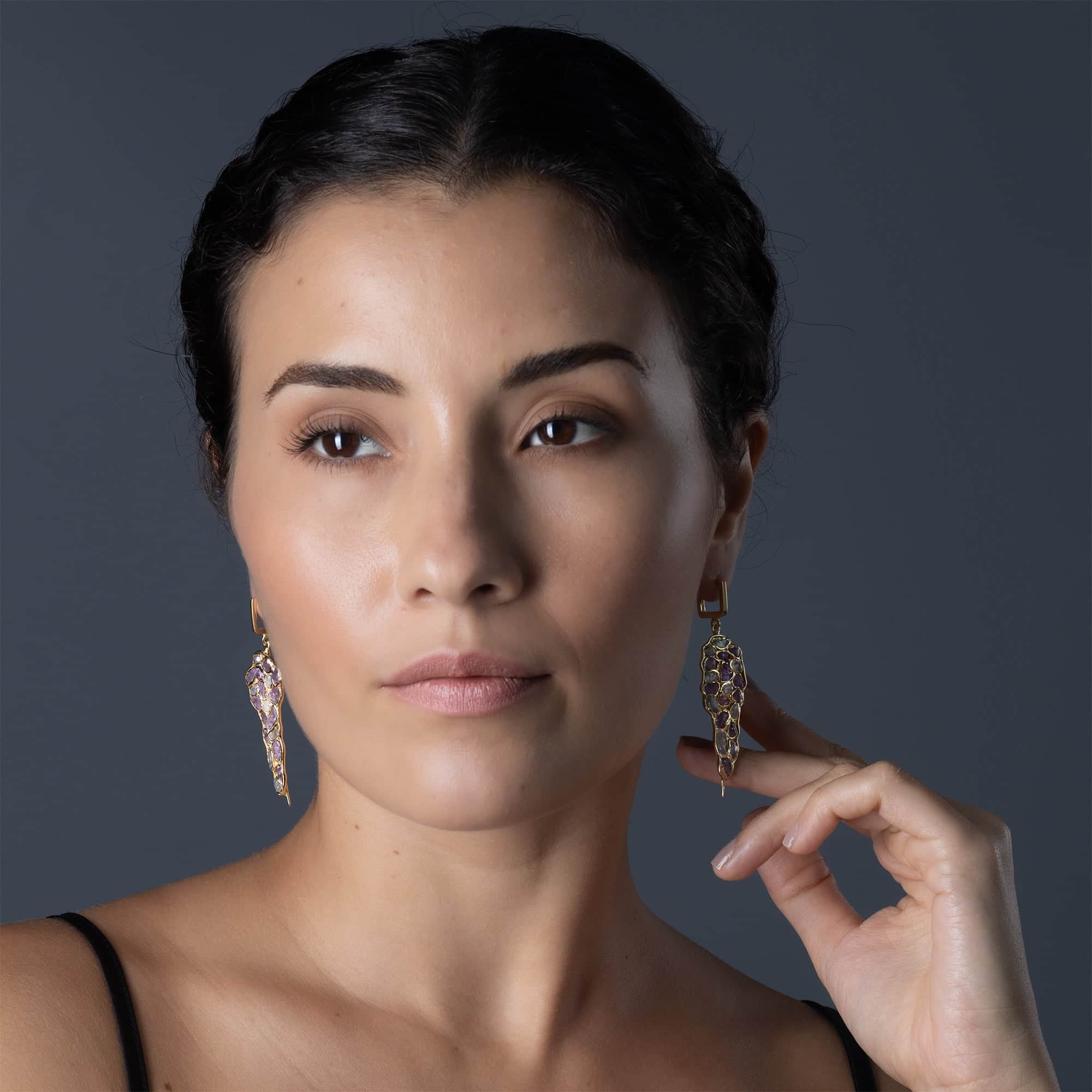 Tarina Earrings with Raw White Zircon & Pink Sapphire in 14K Gold Plated Sterling Silver