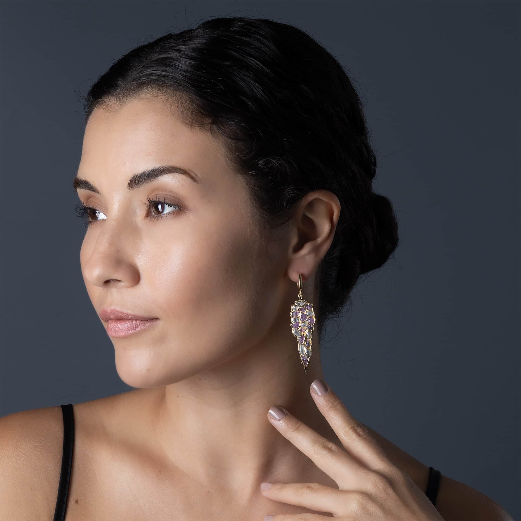 Tarina Earrings with Raw White Zircon & Pink Sapphire in 14K Gold Plated Sterling Silver