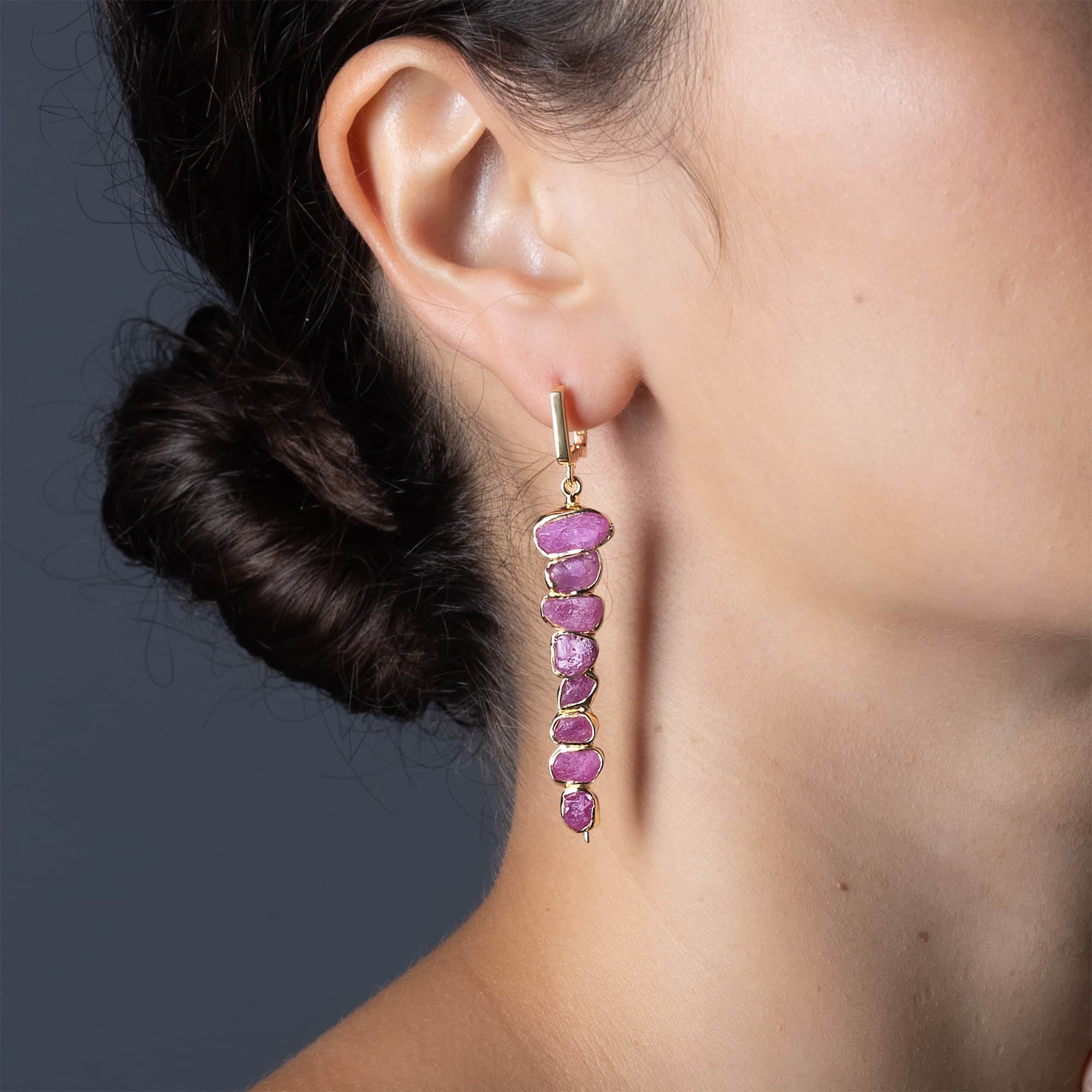 Thera Handcrafted Dangle Earrings with Raw Ruby in 14K Gold Plated Sterling Silver