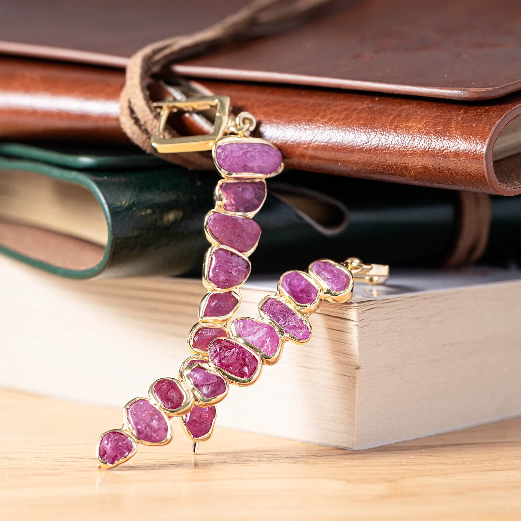 Thera Handcrafted Dangle Earrings with Raw Ruby in 14K Gold Plated Sterling Silver