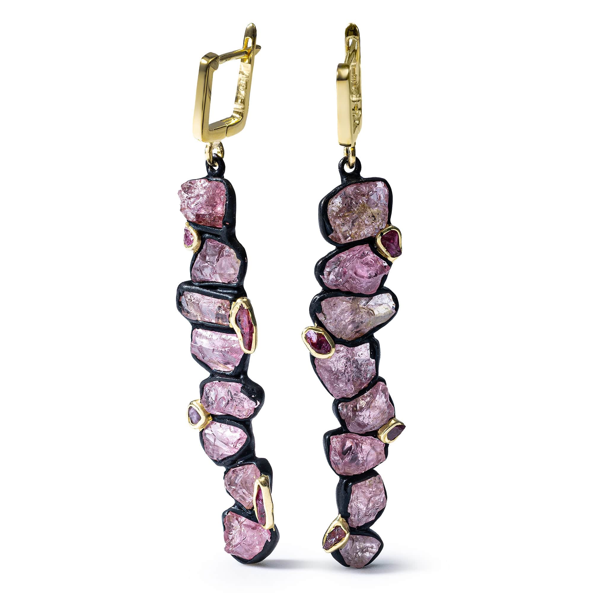 Danae Handcrafted Dagle Earrings with Raw Pink Sapphire & Ruby in Gold & Anthracite Plated Silver