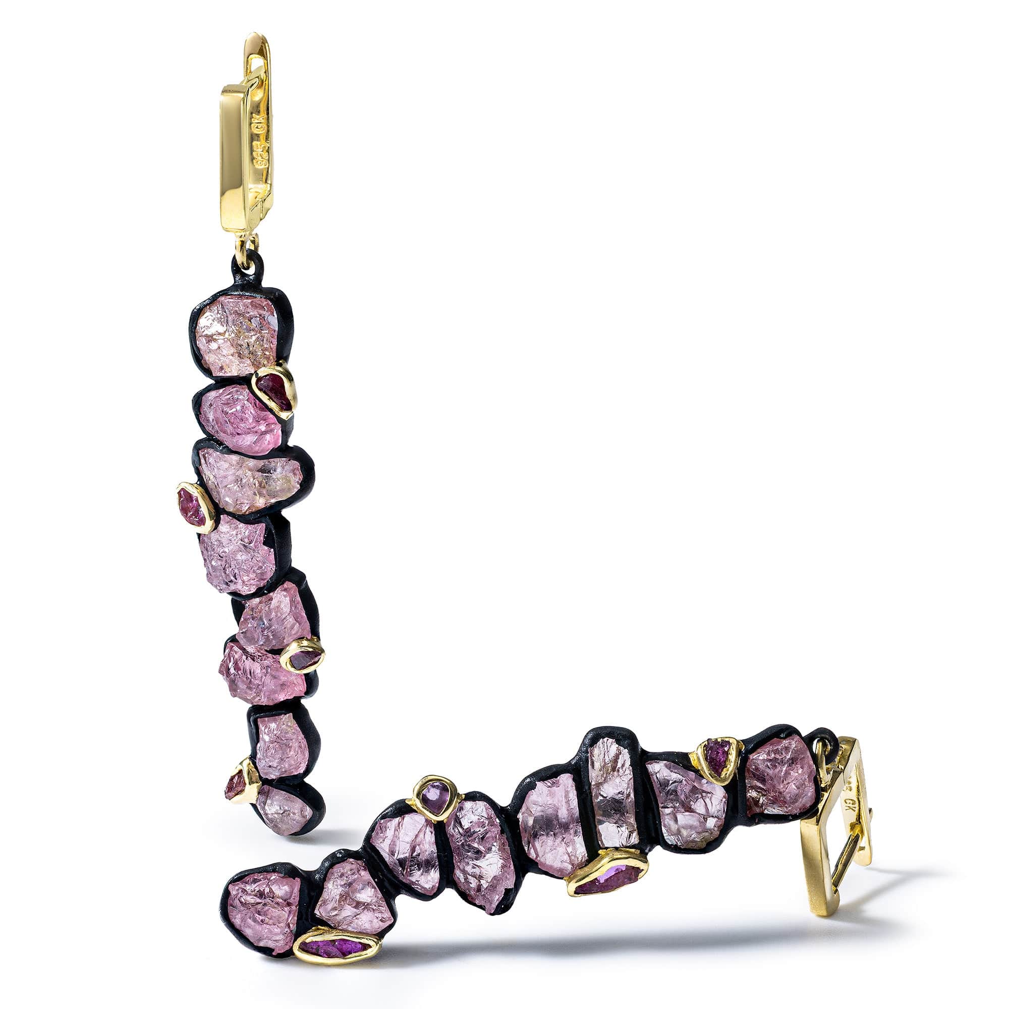 Danae Handcrafted Dagle Earrings with Raw Pink Sapphire & Ruby in Gold & Anthracite Plated Silver