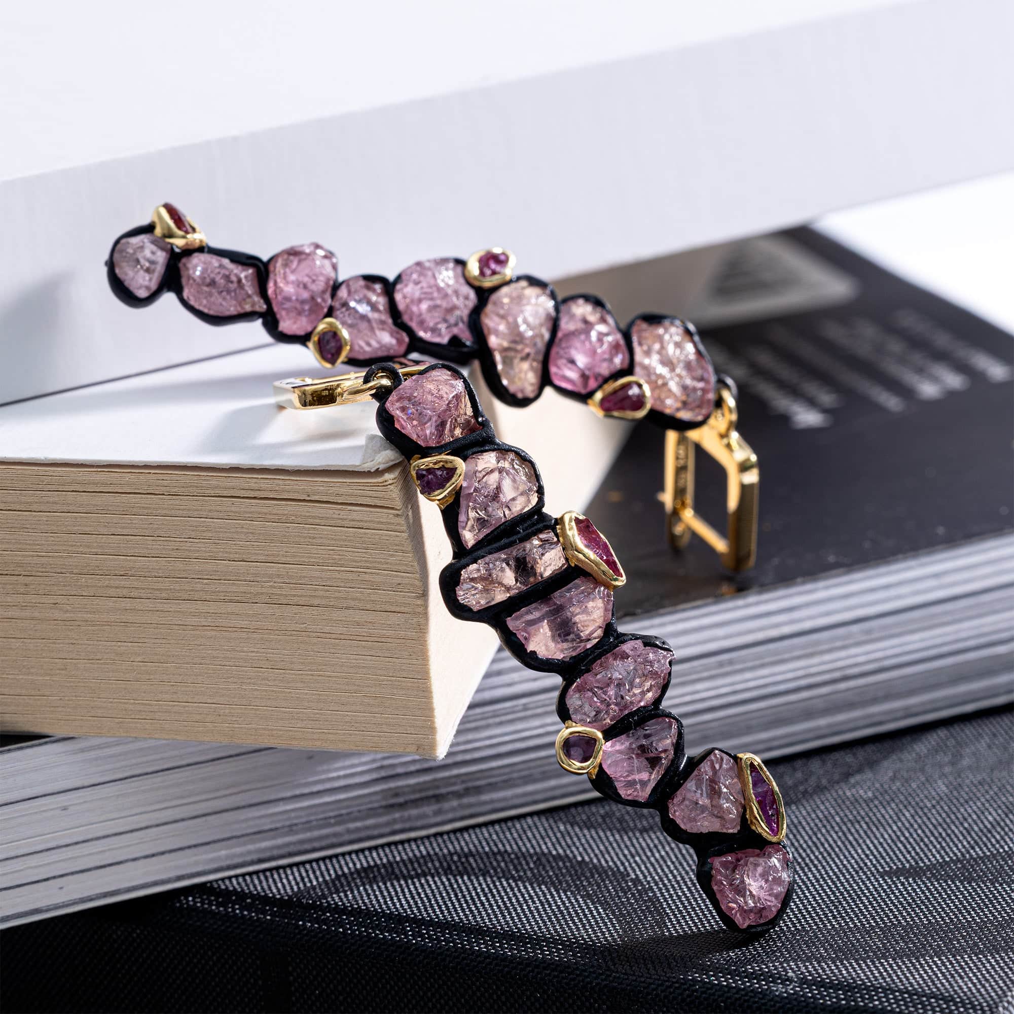 Danae Handcrafted Dagle Earrings with Raw Pink Sapphire & Ruby in Gold & Anthracite Plated Silver