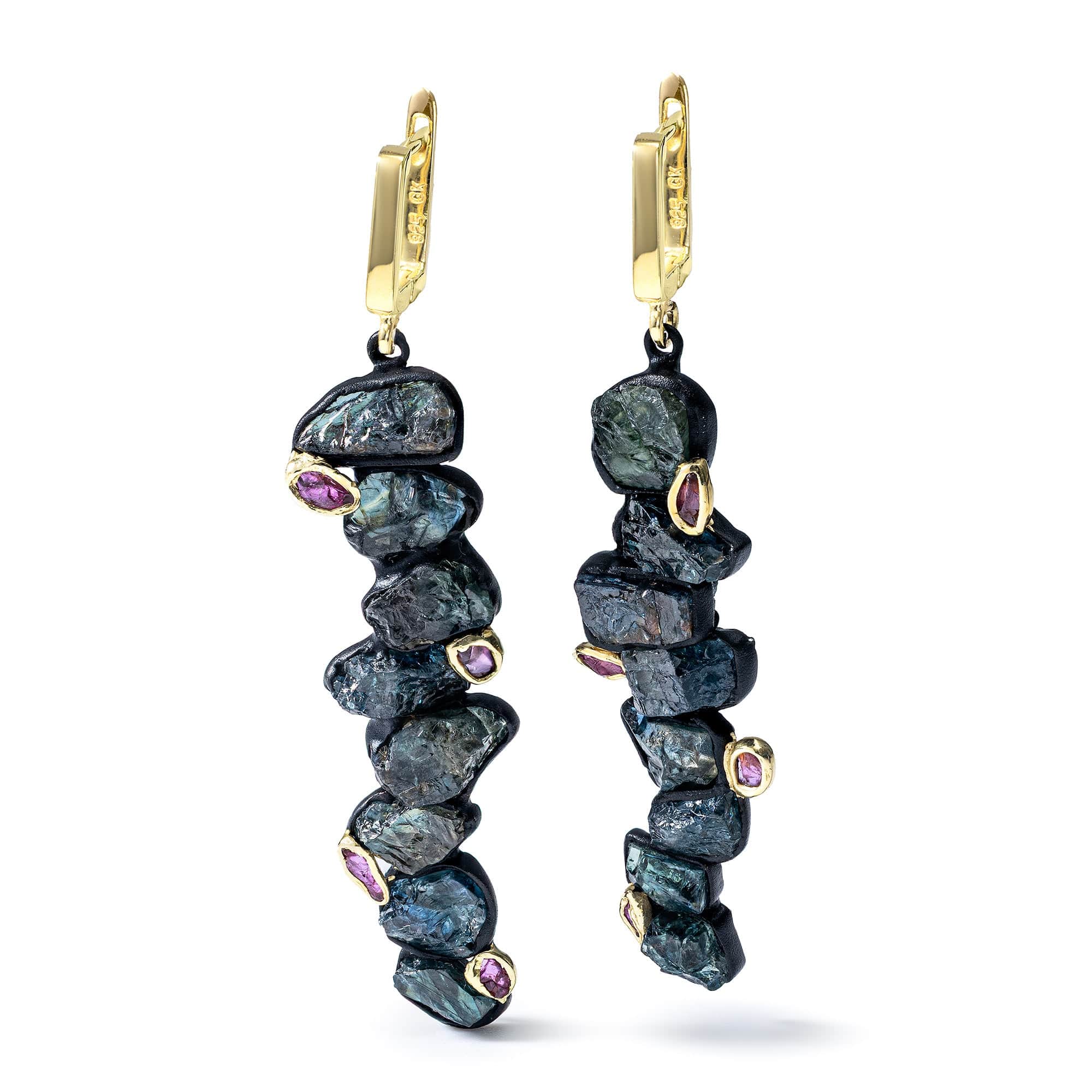 Danae Handcrafted Earrings with Raw Blue Sapphire & Ruby in Gold & Anthracite Plated Silver