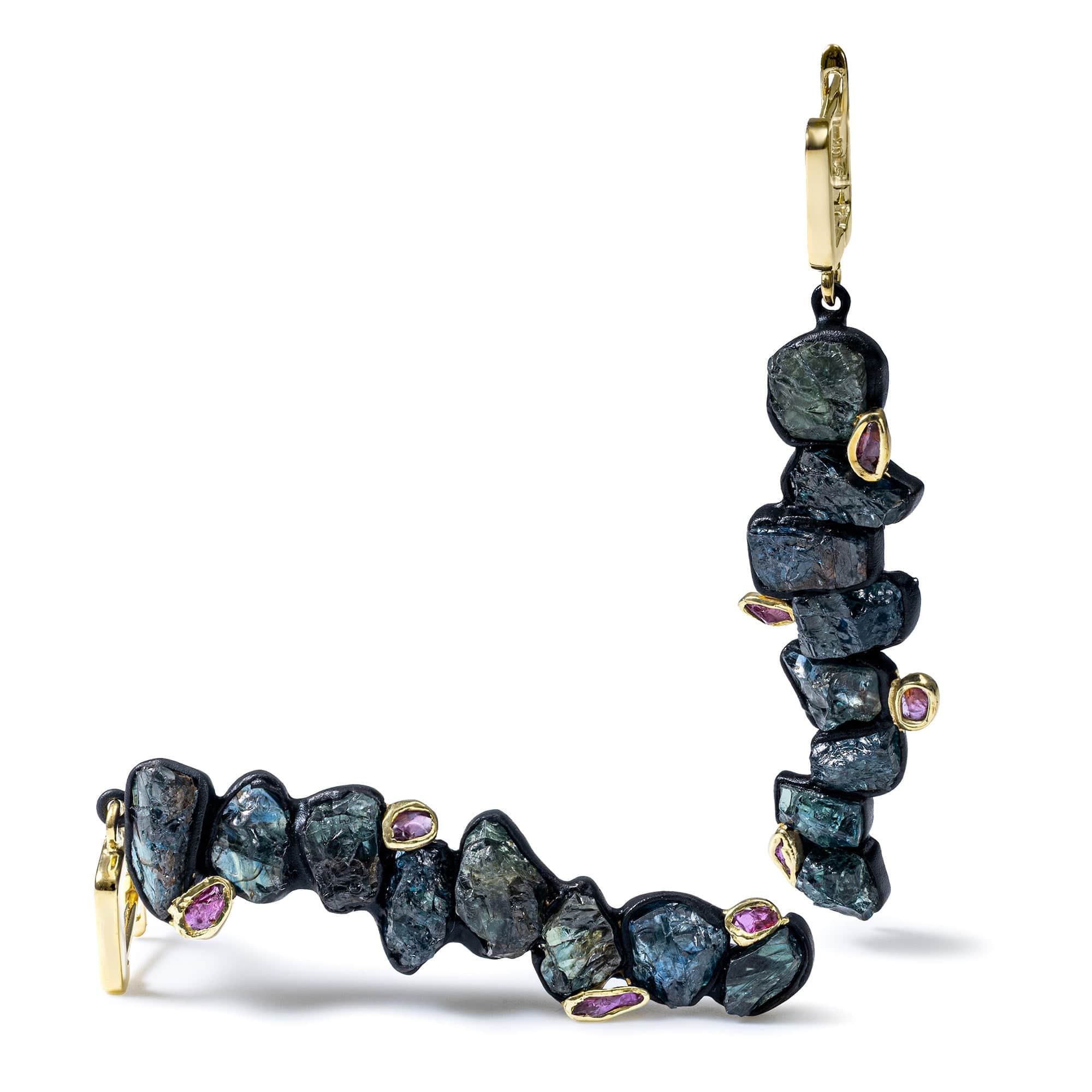 Danae Handcrafted Earrings with Raw Blue Sapphire & Ruby in Gold & Anthracite Plated Silver