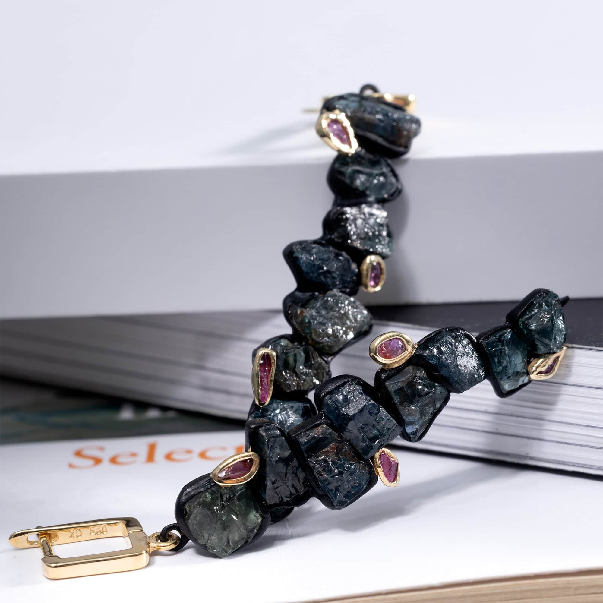 Danae Handcrafted Earrings with Raw Blue Sapphire & Ruby in Gold & Anthracite Plated Silver