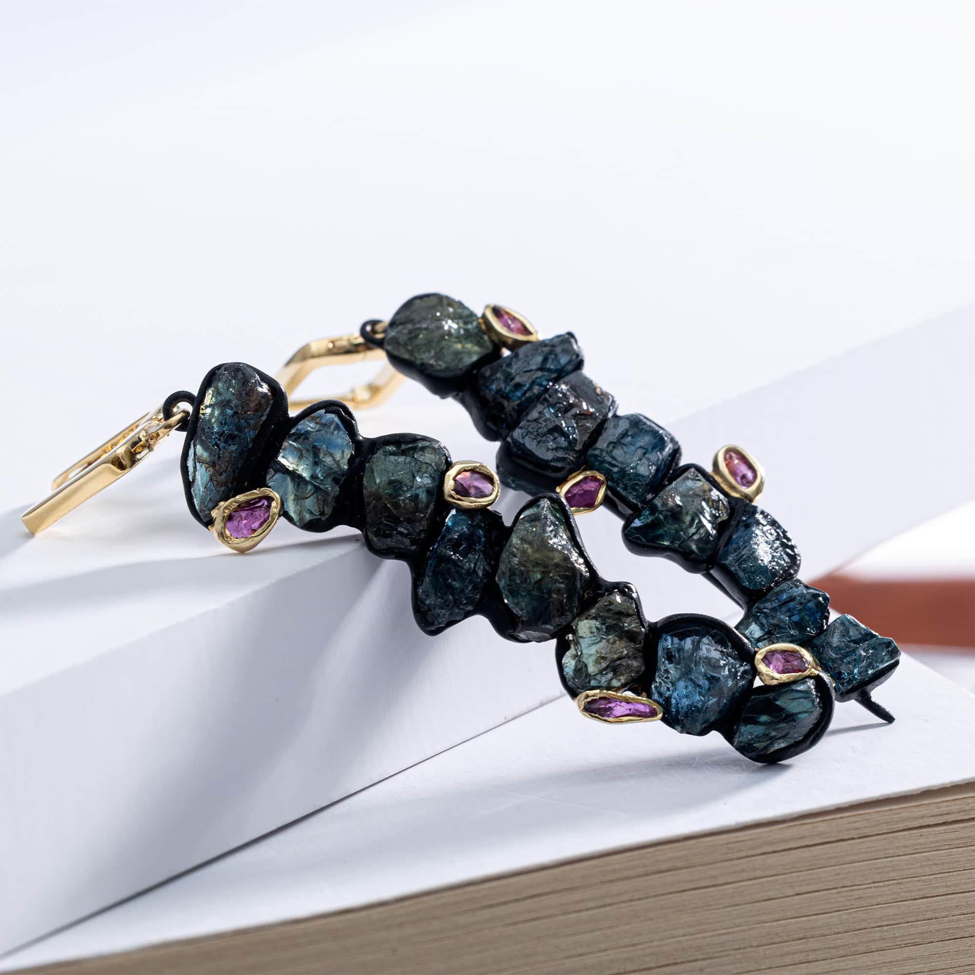 Danae Handcrafted Earrings with Raw Blue Sapphire & Ruby in Gold & Anthracite Plated Silver