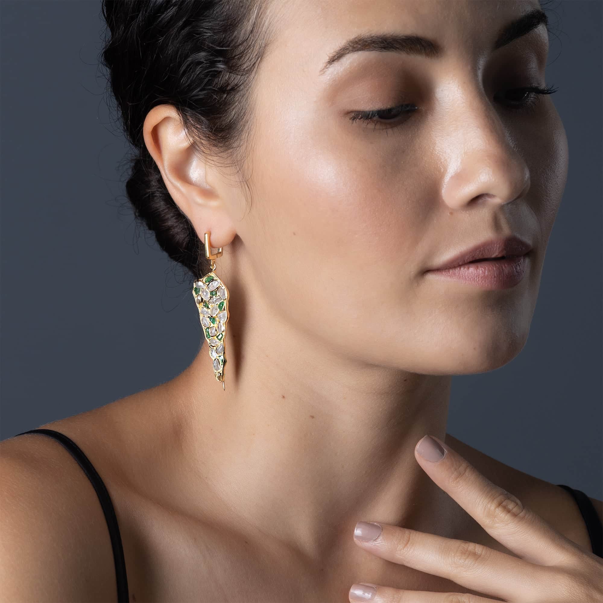 Tarina Earrings with Raw White Zircon & Tsavorite in 14K Gold Plated Sterling Silver