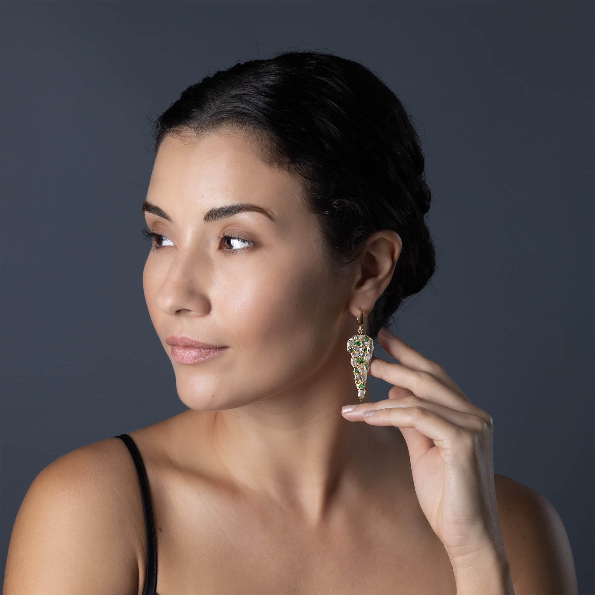 Tarina Earrings with Raw White Zircon & Tsavorite in 14K Gold Plated Sterling Silver