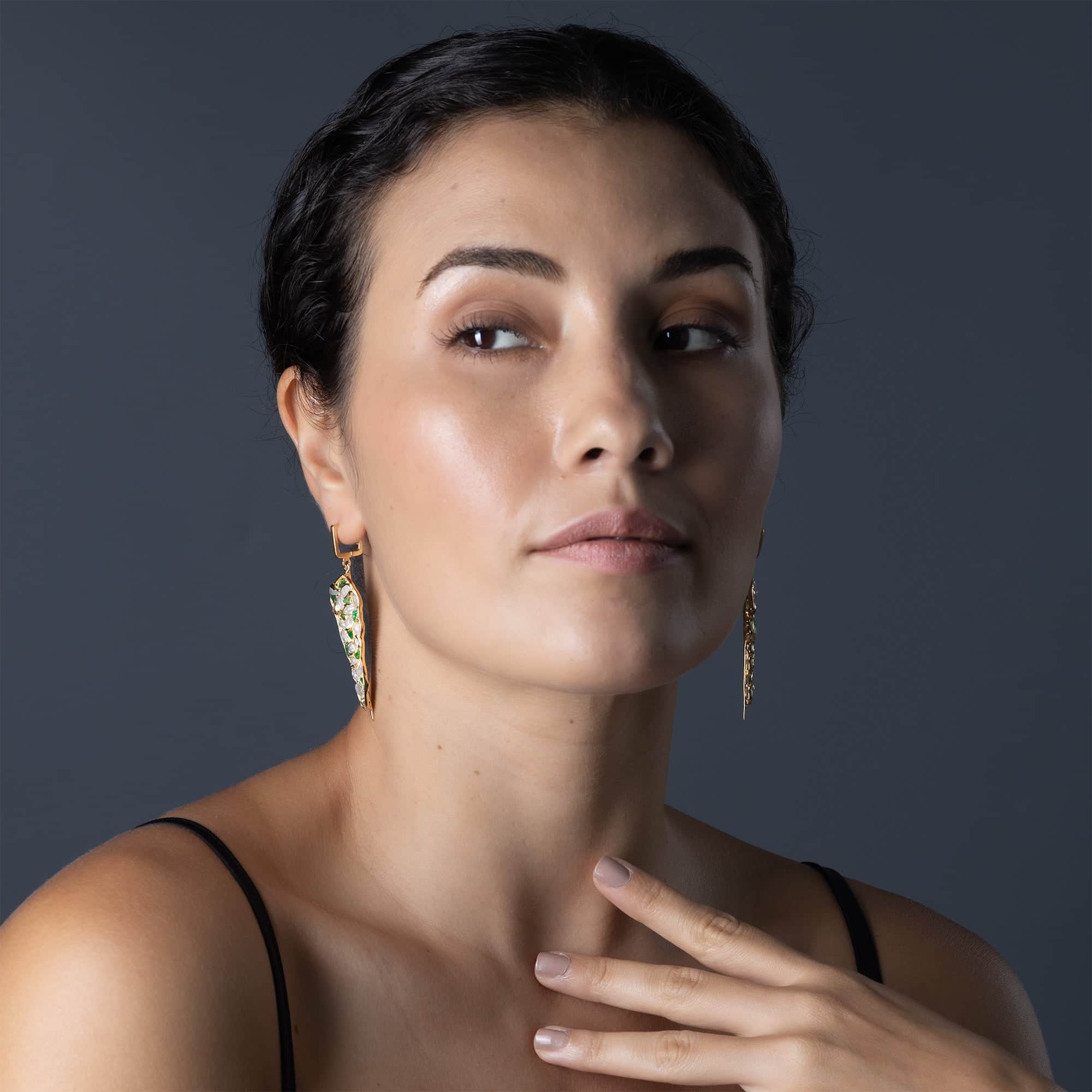 Tarina Earrings with Raw White Zircon & Tsavorite in 14K Gold Plated Sterling Silver