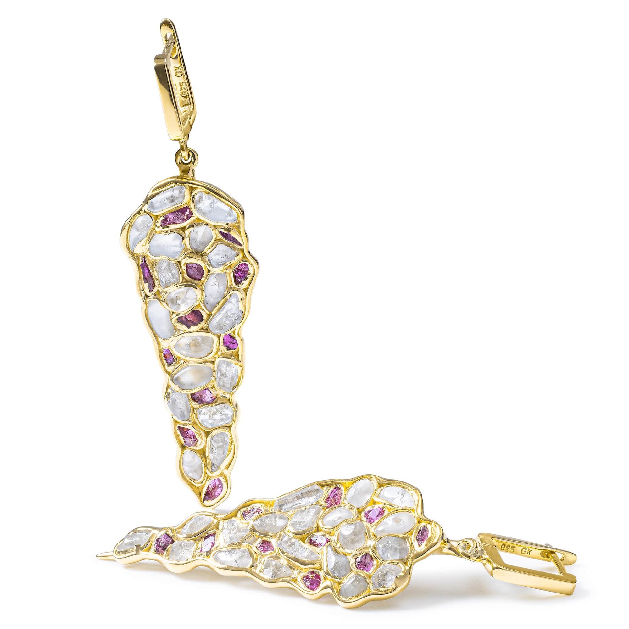 Tarina Limited Edition Earrings with Raw White Zircon & Ruby in 14K Gold Plated Sterling Silver