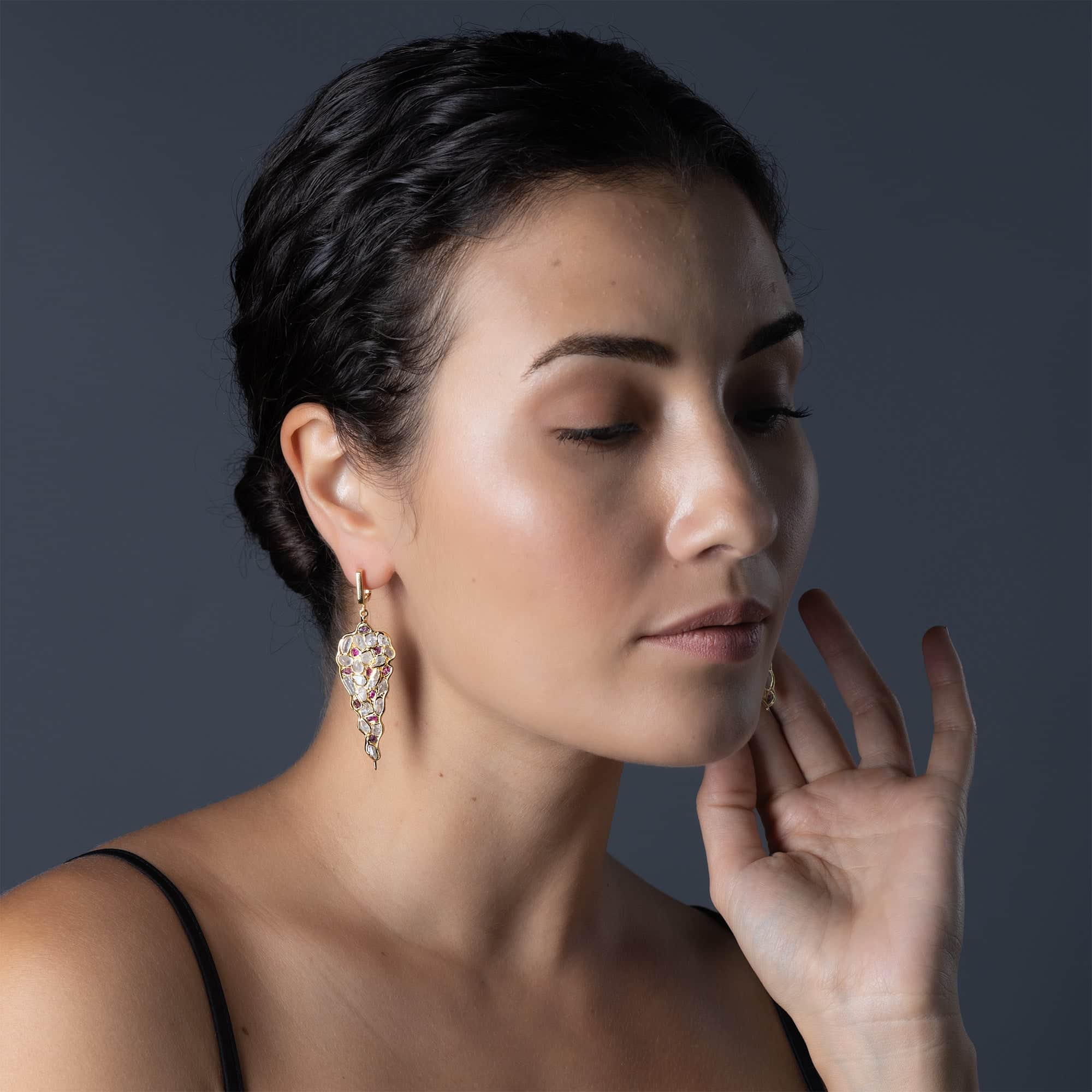 Tarina Limited Edition Earrings with Raw White Zircon & Ruby in 14K Gold Plated Sterling Silver