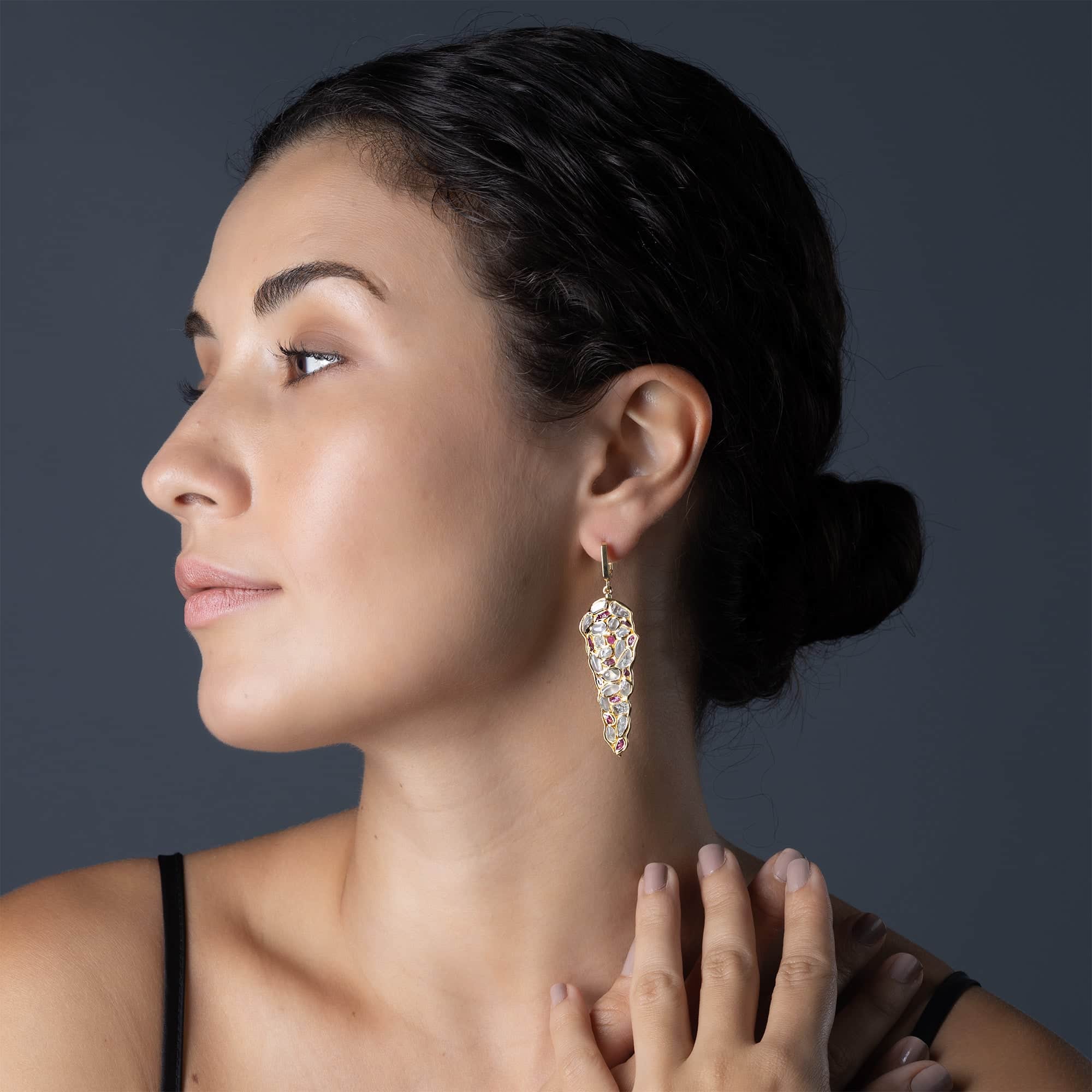 Tarina Limited Edition Earrings with Raw White Zircon & Ruby in 14K Gold Plated Sterling Silver