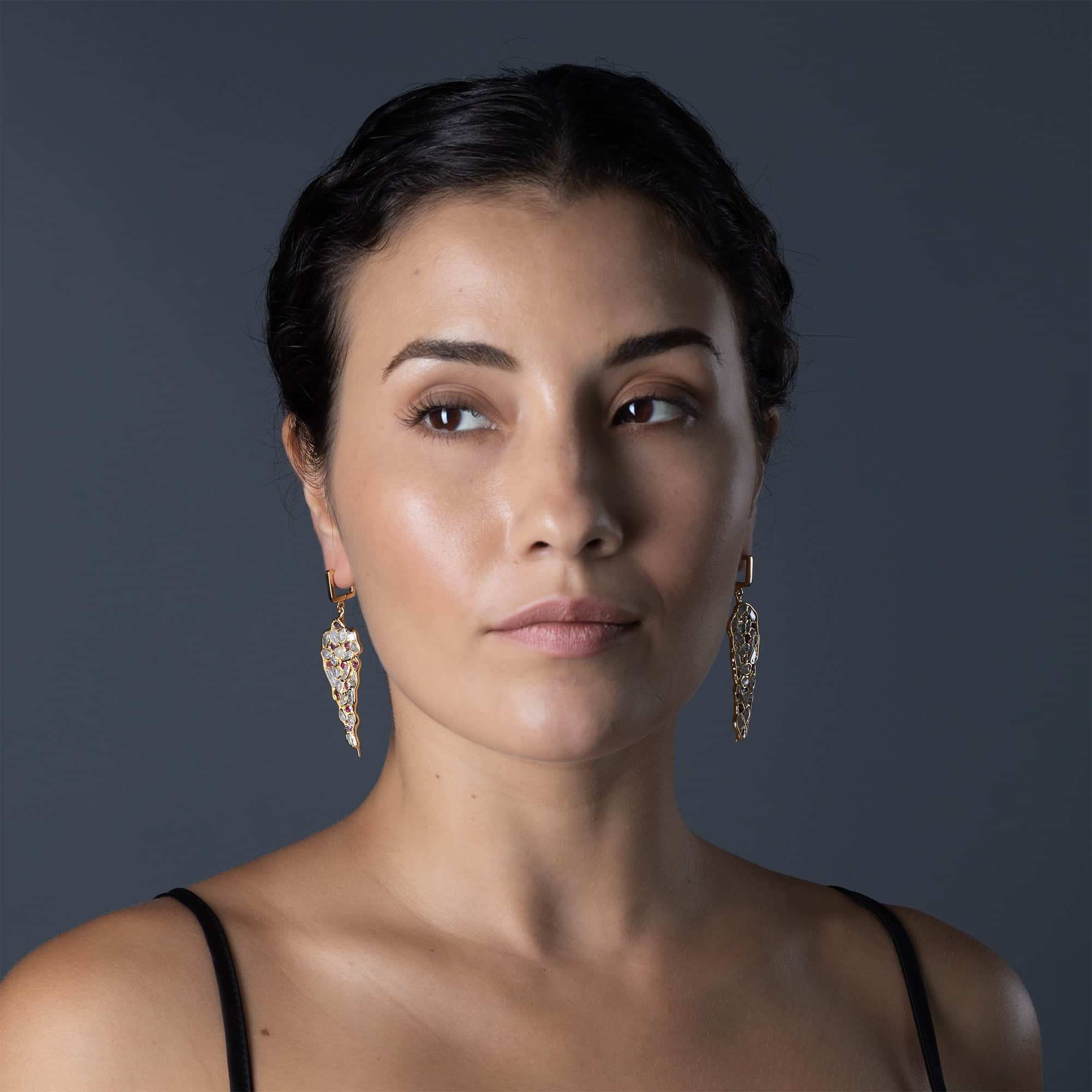 Tarina Limited Edition Earrings with Raw White Zircon & Ruby in 14K Gold Plated Sterling Silver