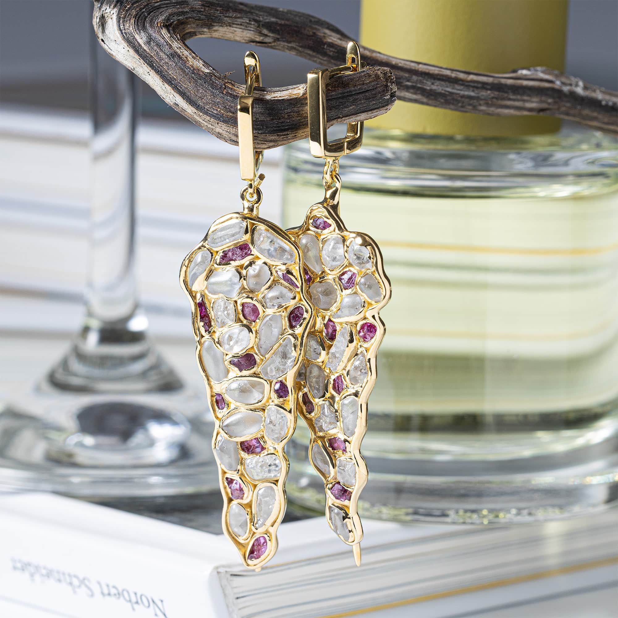 Tarina Limited Edition Earrings with Raw White Zircon & Ruby in 14K Gold Plated Sterling Silver