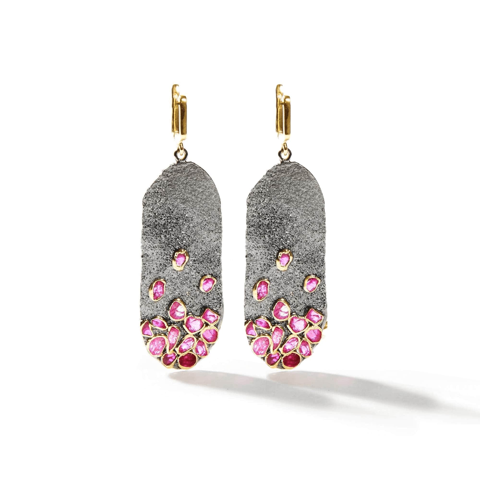 Aspero Handmade Sterling Silver Designer Earrings with Natural Rough Ruby (Black Rhodium and 18K Gold-Plated)