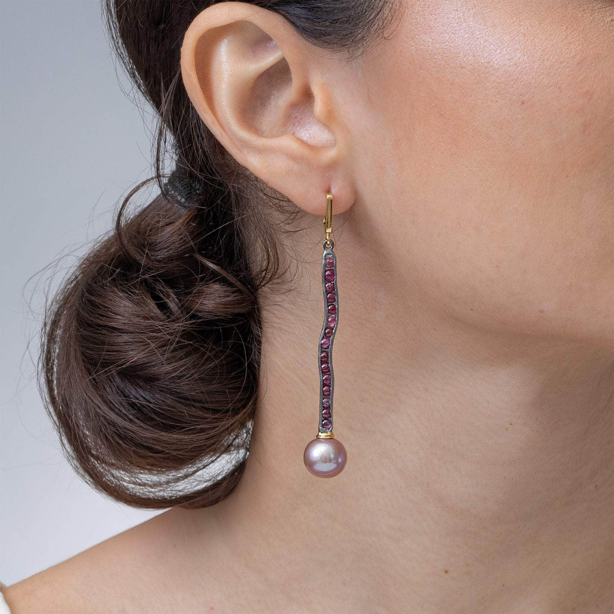 Hagnos Asymmetric Design Cultured Pearl & Natural Ruby Earrings in 925 Silver (Black Rhodium & Gold-Plated)