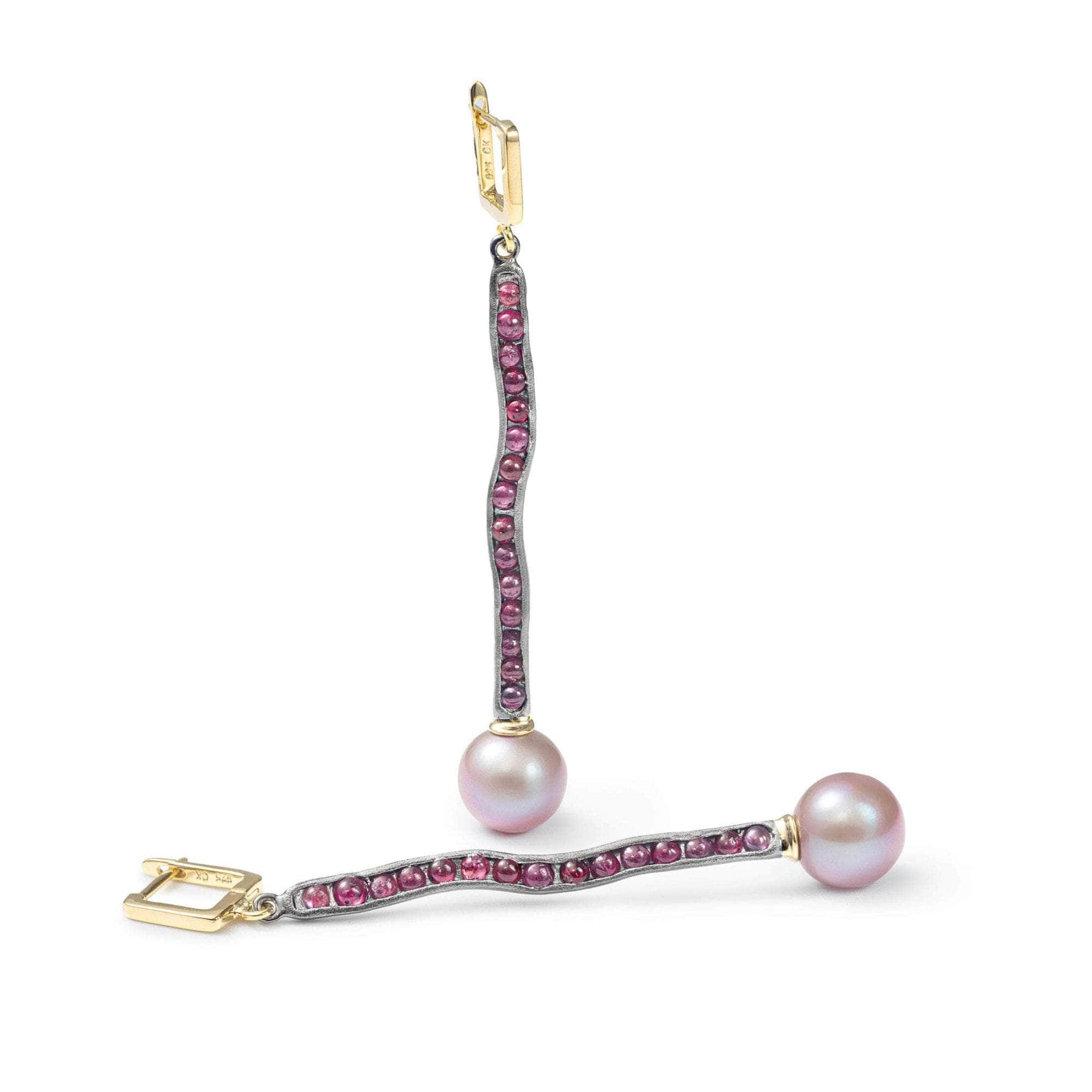 Hagnos Asymmetric Design Cultured Pearl & Natural Ruby Earrings in 925 Silver (Black Rhodium & Gold-Plated)