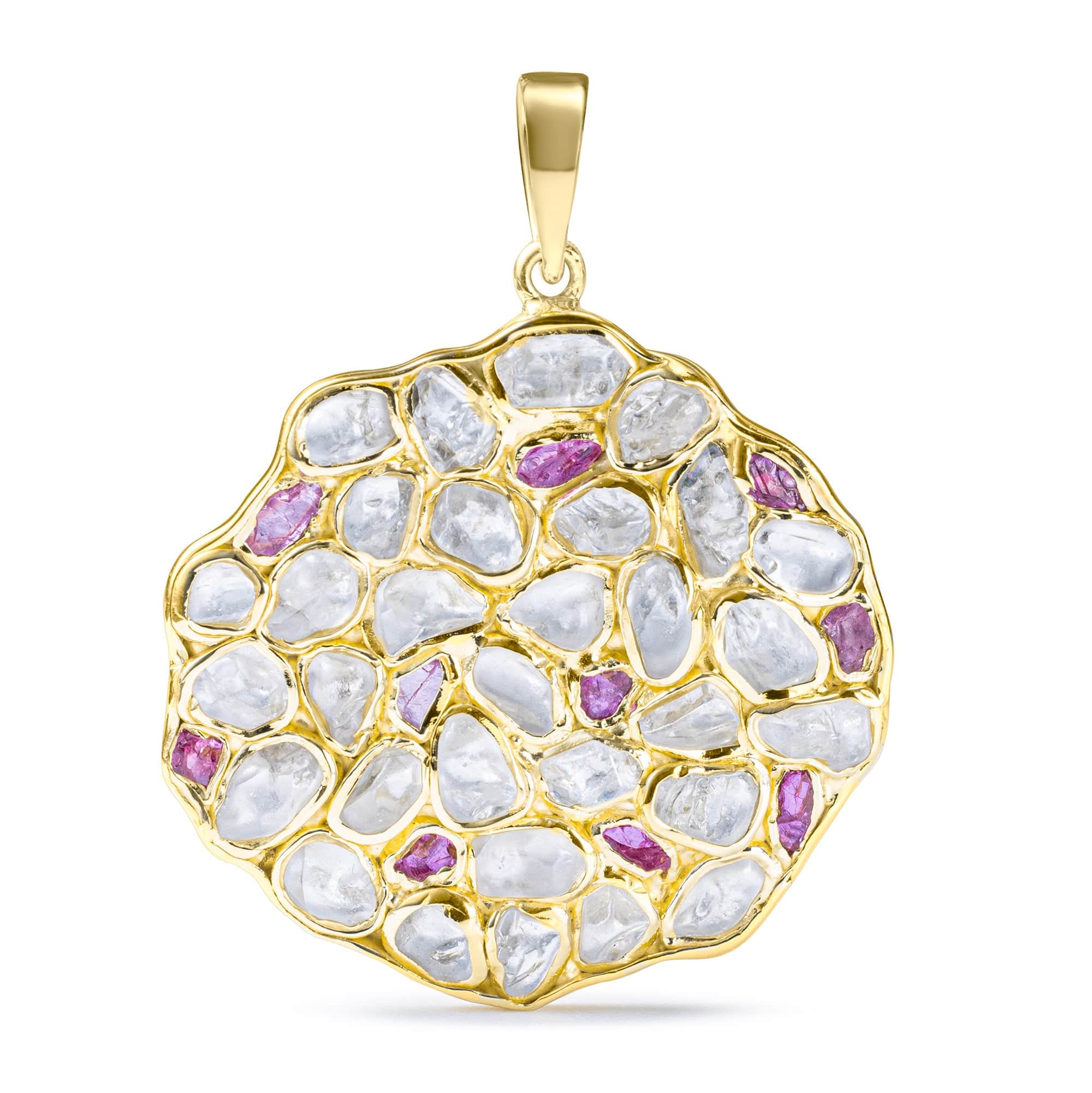 Saori Handcrafted Disc Pendant in Gold Plated Silver with Raw White Zircon & Ruby