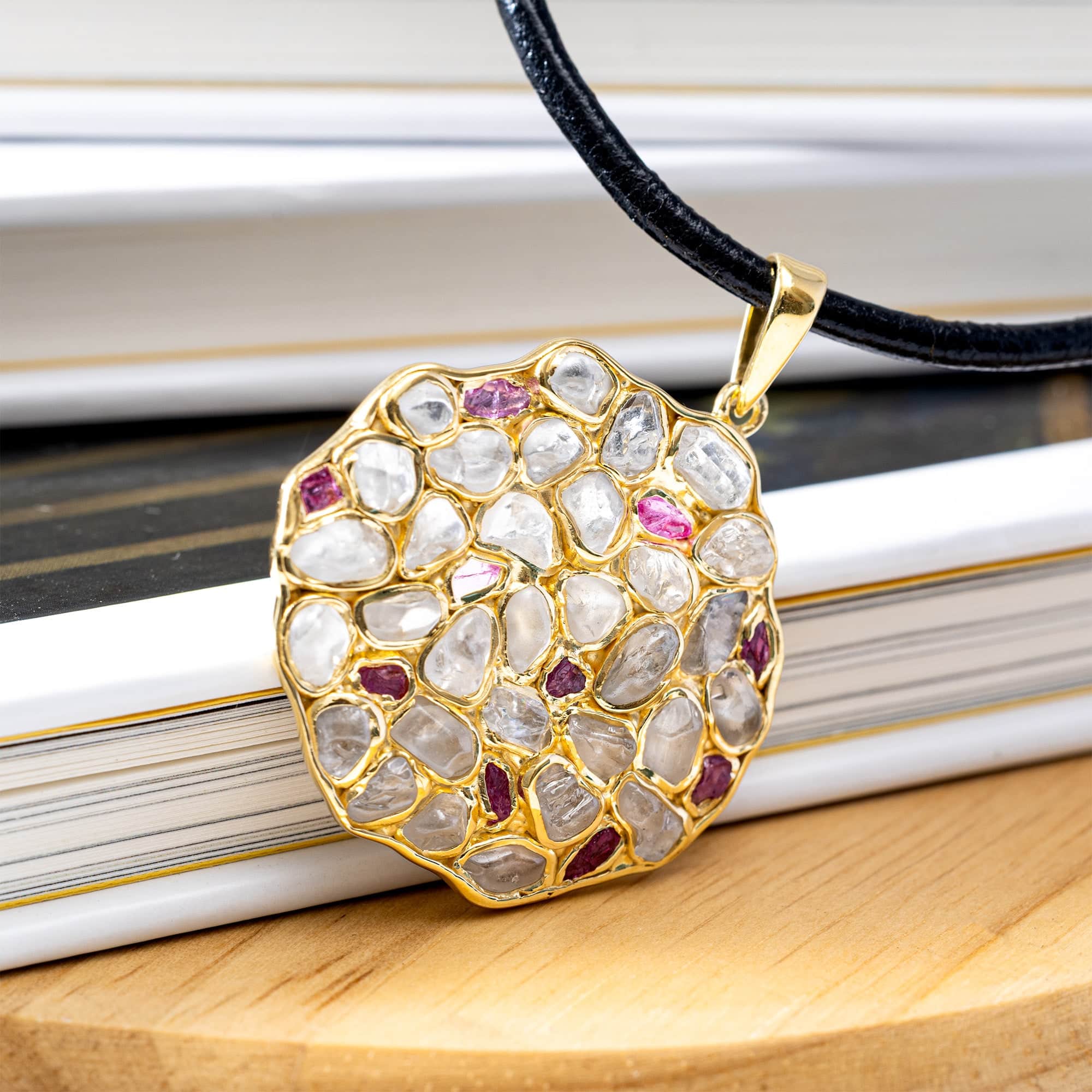 Saori Handcrafted Disc Pendant in Gold Plated Silver with Raw White Zircon & Ruby